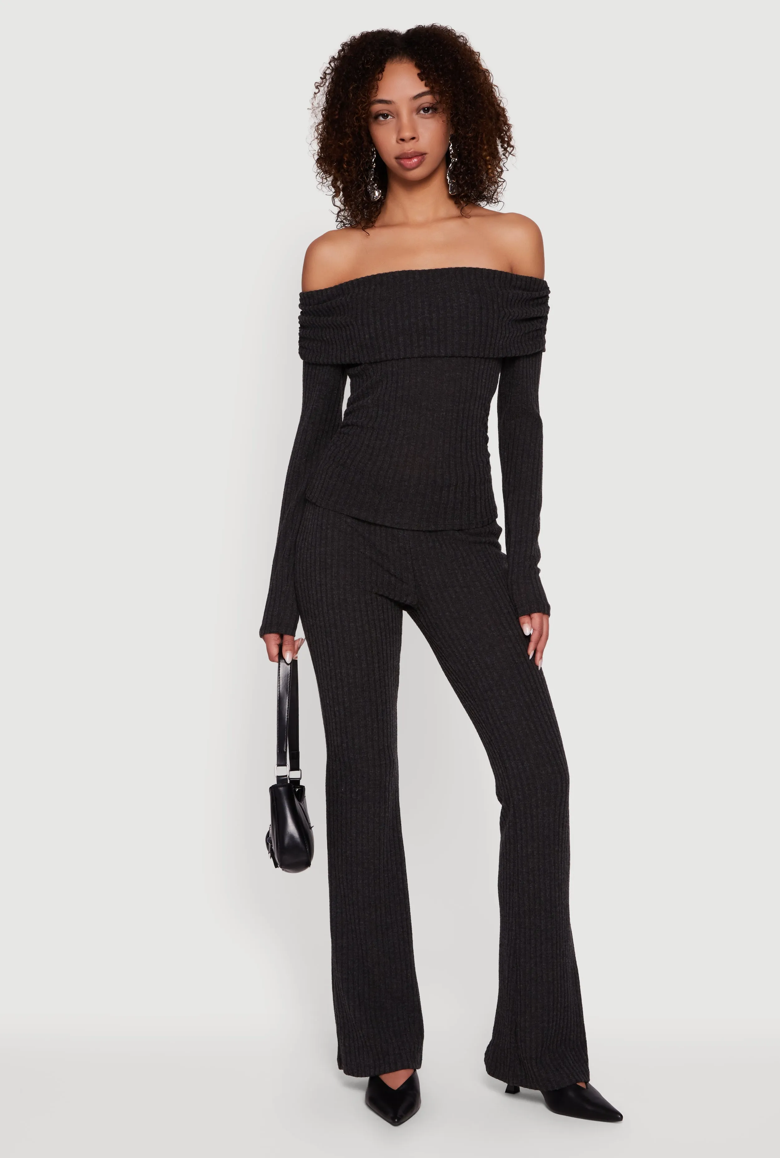 Fold Over High Waisted Flare Leg Ribbed Knit Pants sold by Rainbow product image thumbnail 2