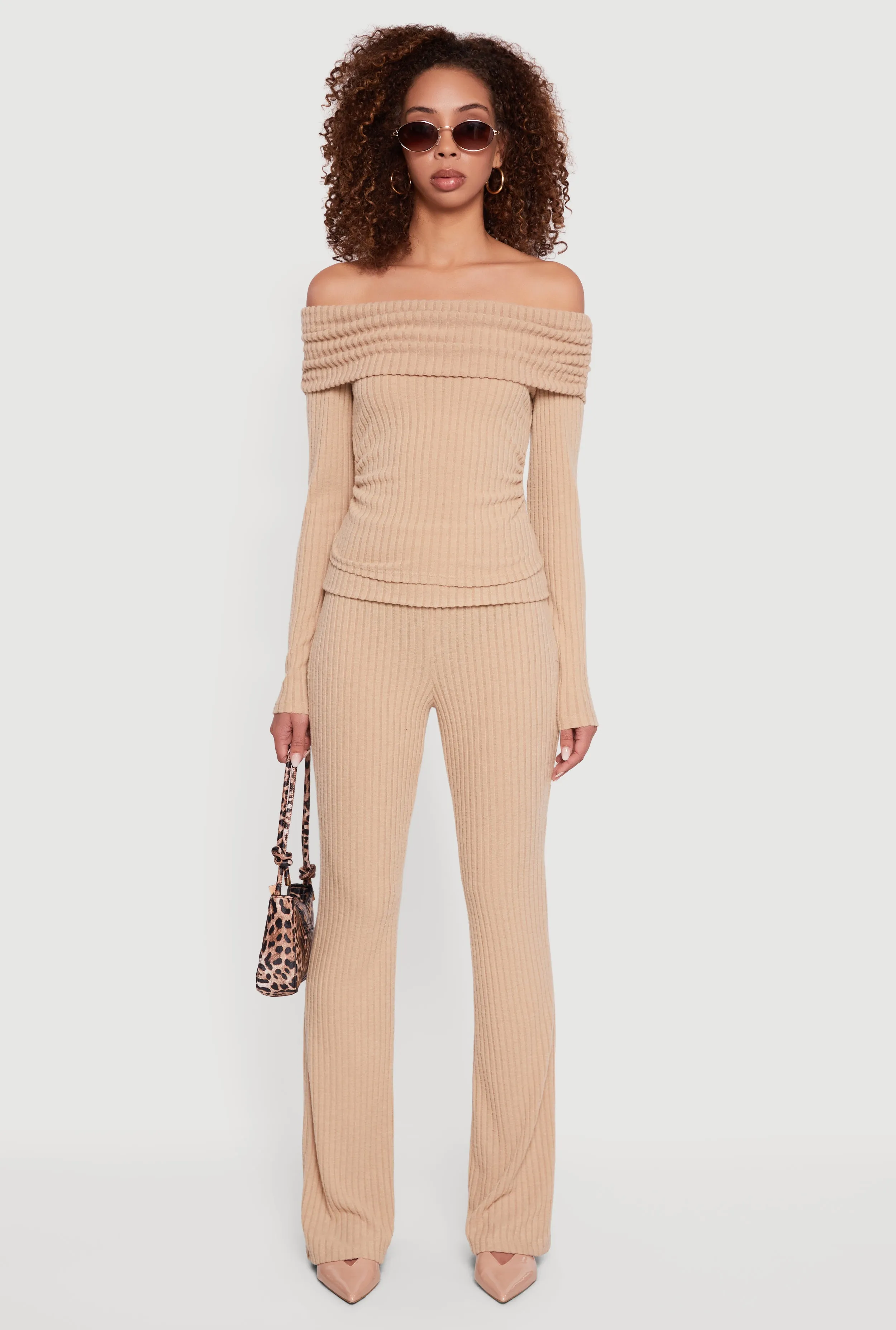 Fold Over High Waisted Flare Leg Ribbed Knit Pants sold by Rainbow product image thumbnail 2