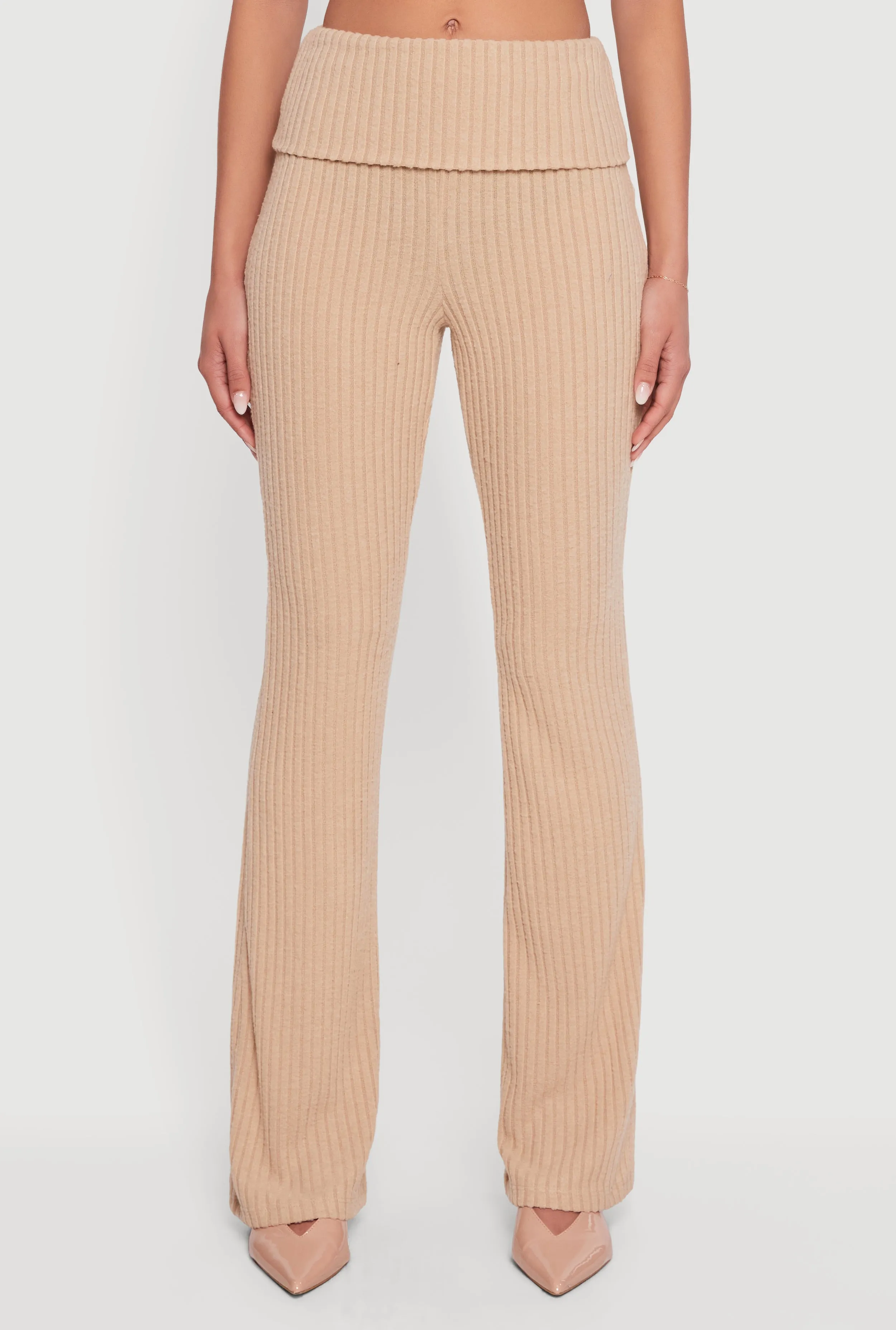 Fold Over High Waisted Flare Leg Ribbed Knit Pants sold by Rainbow product image thumbnail 3