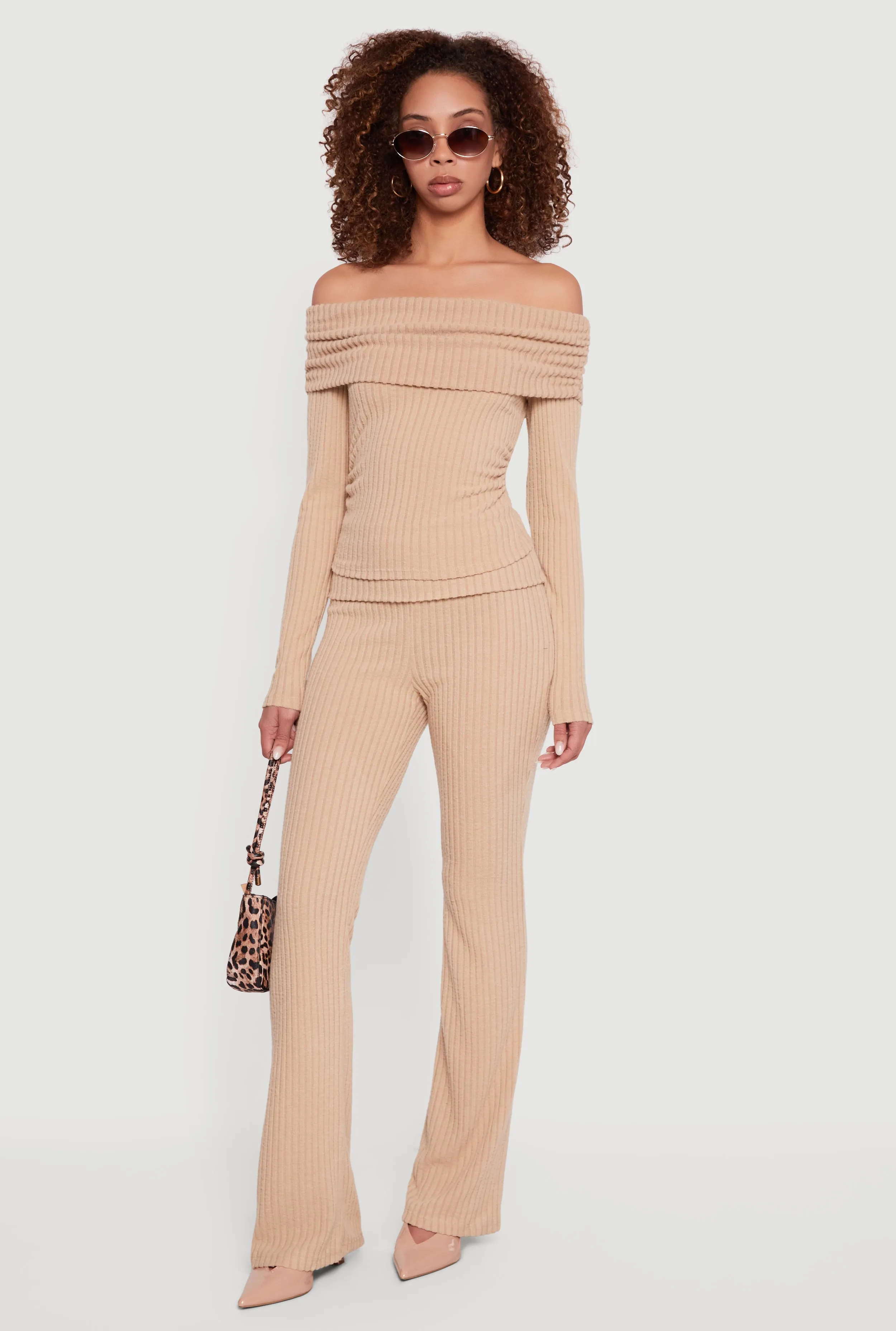 Fold Over High Waisted Flare Leg Ribbed Knit Pants sold by Rainbow