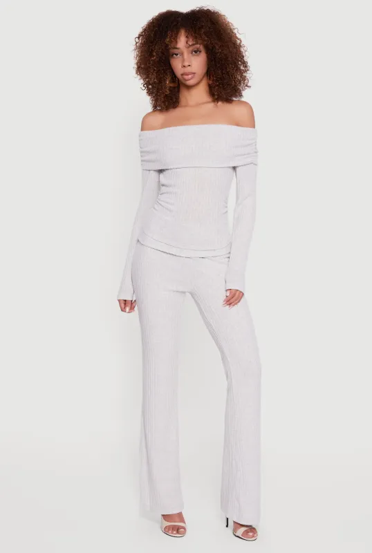 Fold Over High Waisted Flare Leg Ribbed Knit Pants sold by Rainbow