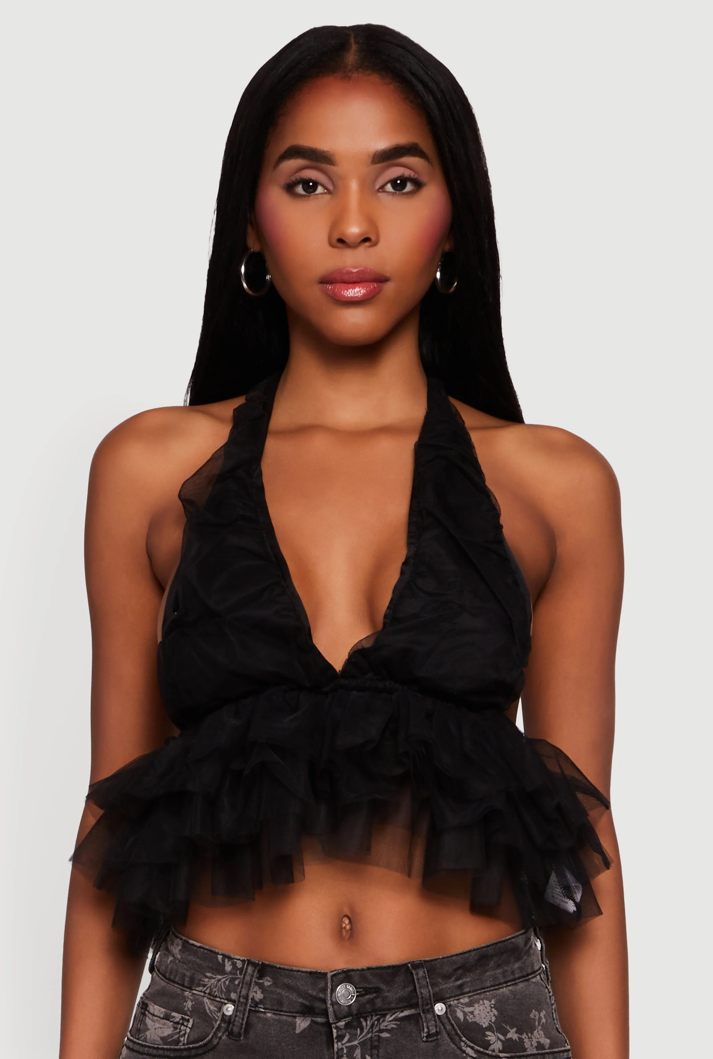 Tulle Ruffle Hem Backless Cropped Halter Top sold by Rainbow product image thumbnail 2
