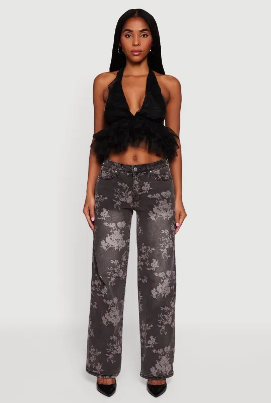 Tulle Ruffle Hem Backless Cropped Halter Top sold by Rainbow