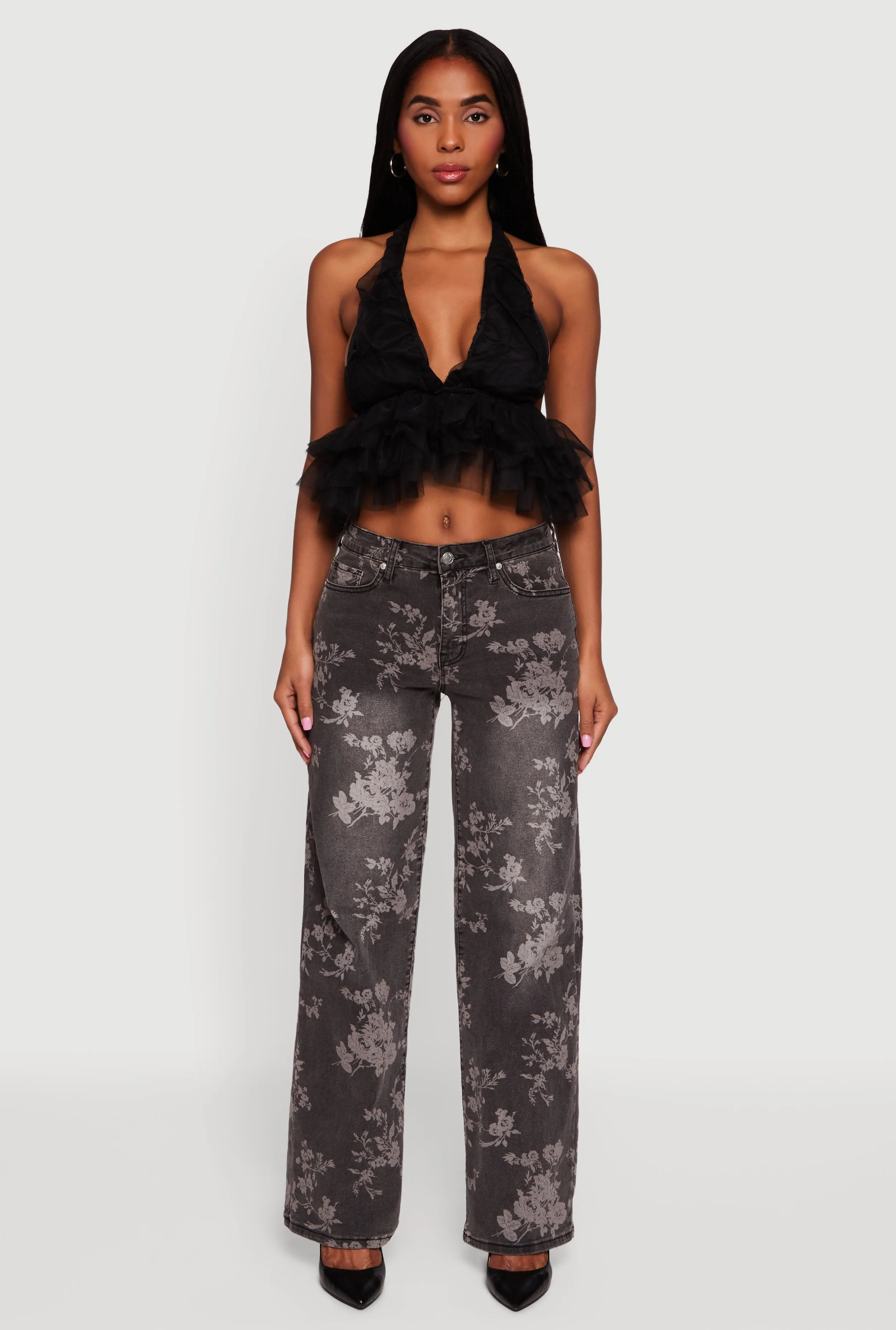 Tulle Ruffle Hem Backless Cropped Halter Top sold by Rainbow