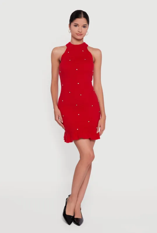 Rhinestone Eyelash Knit Ruffle Hem Sweater Dress sold by Rainbow