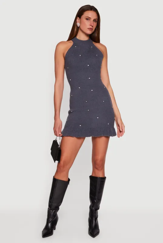 Rhinestone Eyelash Knit Ruffle Hem Sweater Dress sold by Rainbow