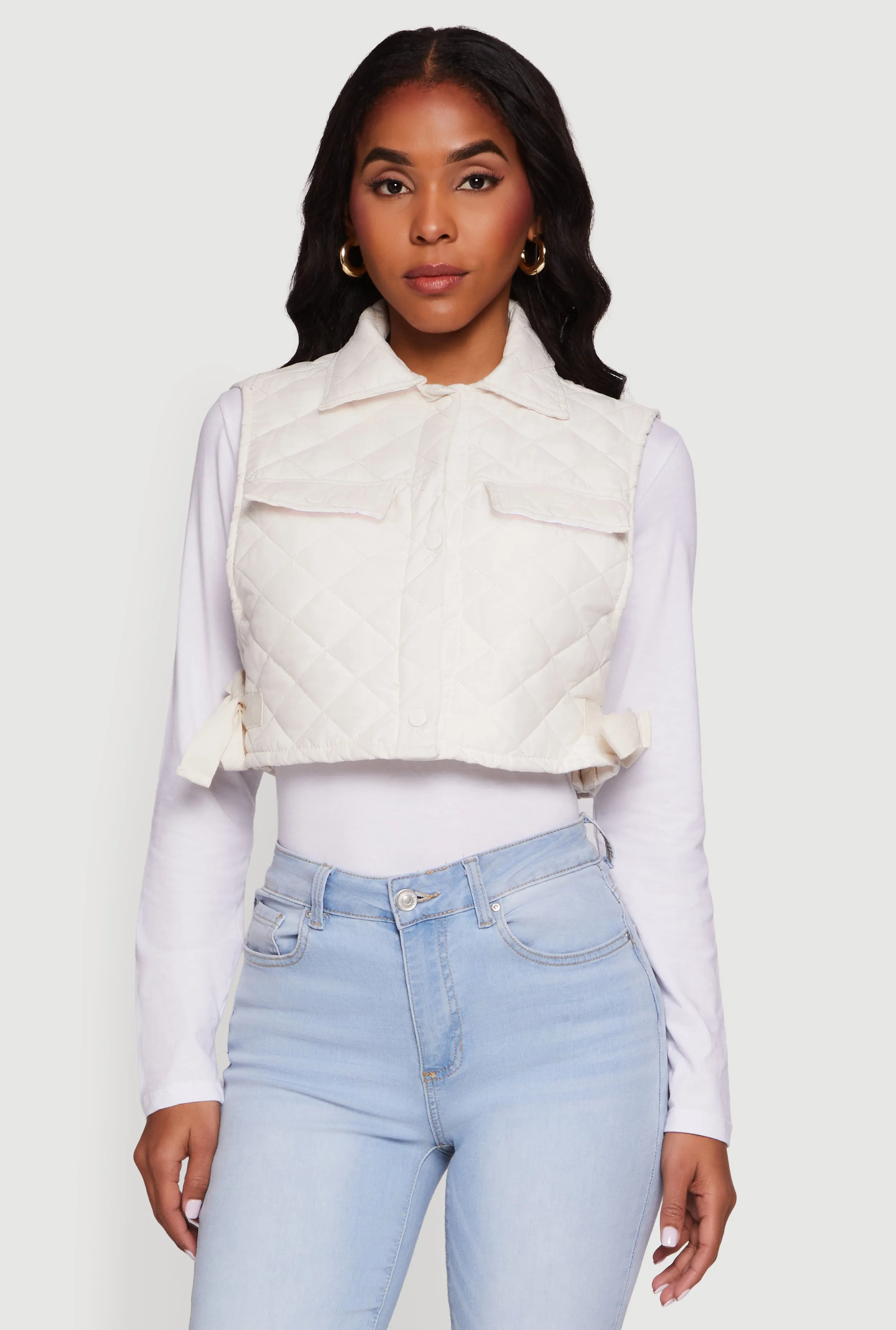 Quilted Snap Button Cropped Vest with Side Ties sold by Rainbow product image thumbnail 2