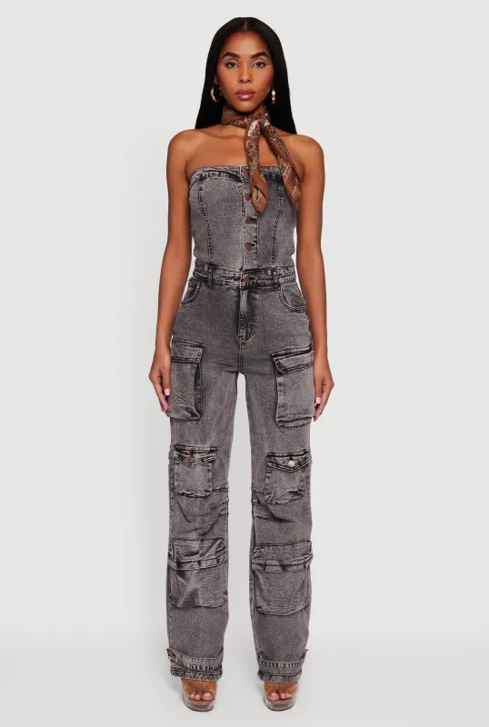 Acid Wash Strapless Button Front Utility Jumpsuit sold by Rainbow