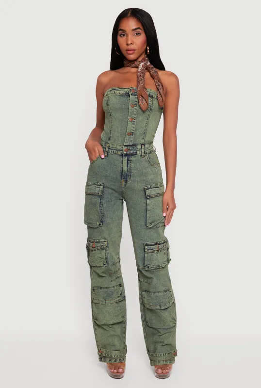 Acid Wash Strapless Button Front Utility Jumpsuit sold by Rainbow