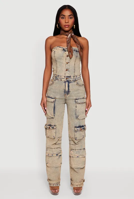 Acid Wash Strapless Button Front Utility Jumpsuit sold by Rainbow