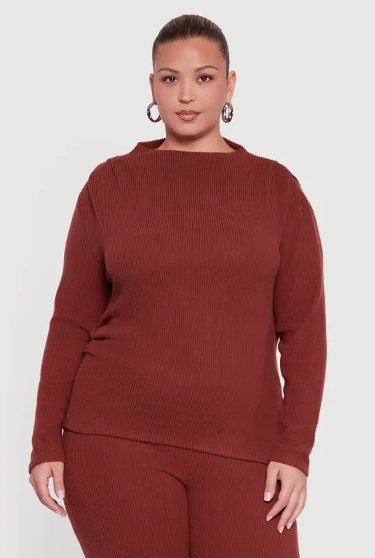 Plus Size Brushed Rib Knit Asymmetrical Hem Blouse sold by Rainbow