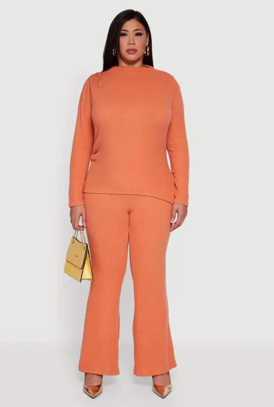 Plus Size Brushed Rib Knit Pull On Wide Leg Pants sold by Rainbow