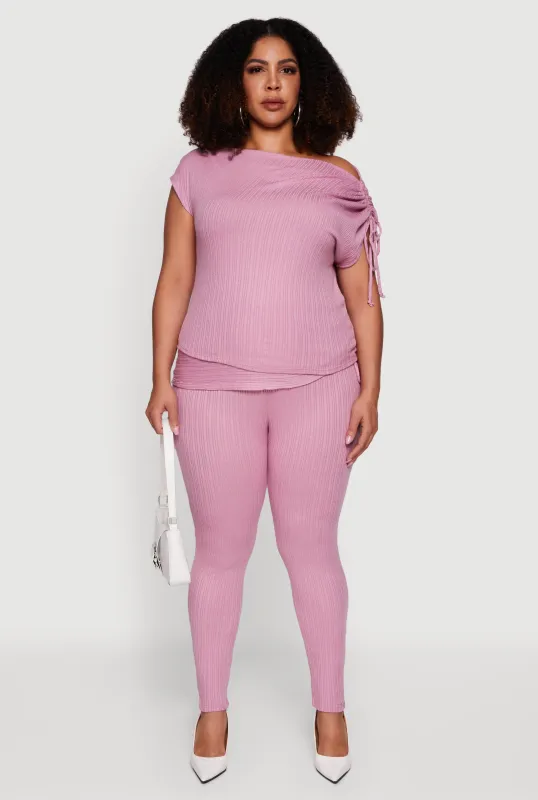 Plus Size Brushed Knit Fold Over Ruched Drawstring Side Pants sold by Rainbow