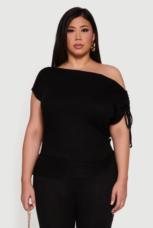 Plus Size Brushed Knit One Shoulder Ruched Drawstring Top sold by Rainbow