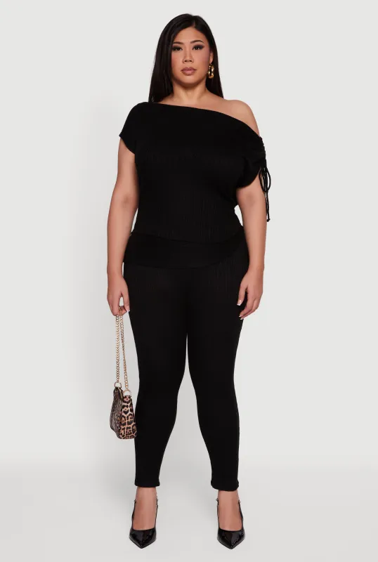 Plus Size Brushed Knit Fold Over Ruched Drawstring Side Pants sold by Rainbow