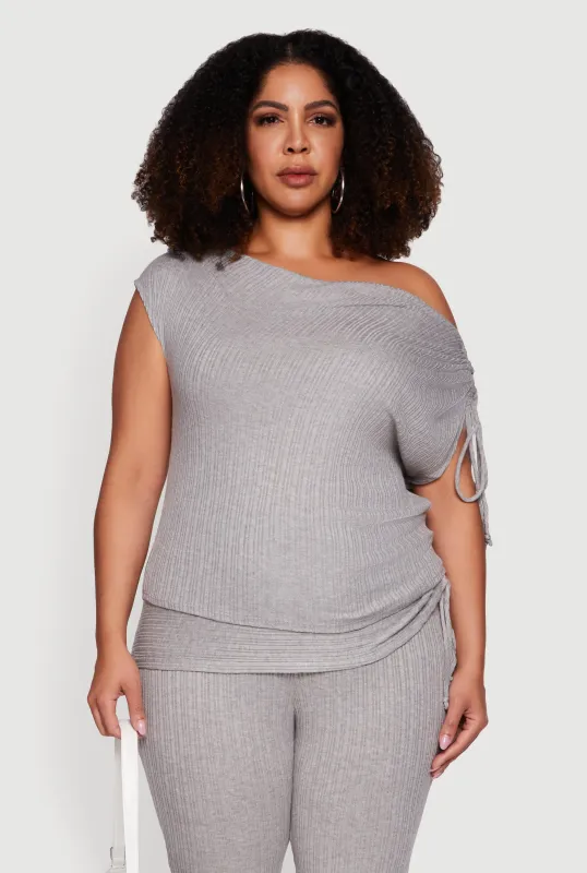 Plus Size Brushed Knit One Shoulder Ruched Drawstring Top sold by Rainbow