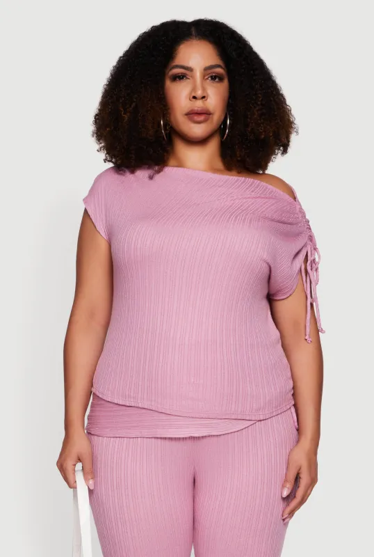 Plus Size Brushed Knit One Shoulder Ruched Drawstring Top made by Rainbow