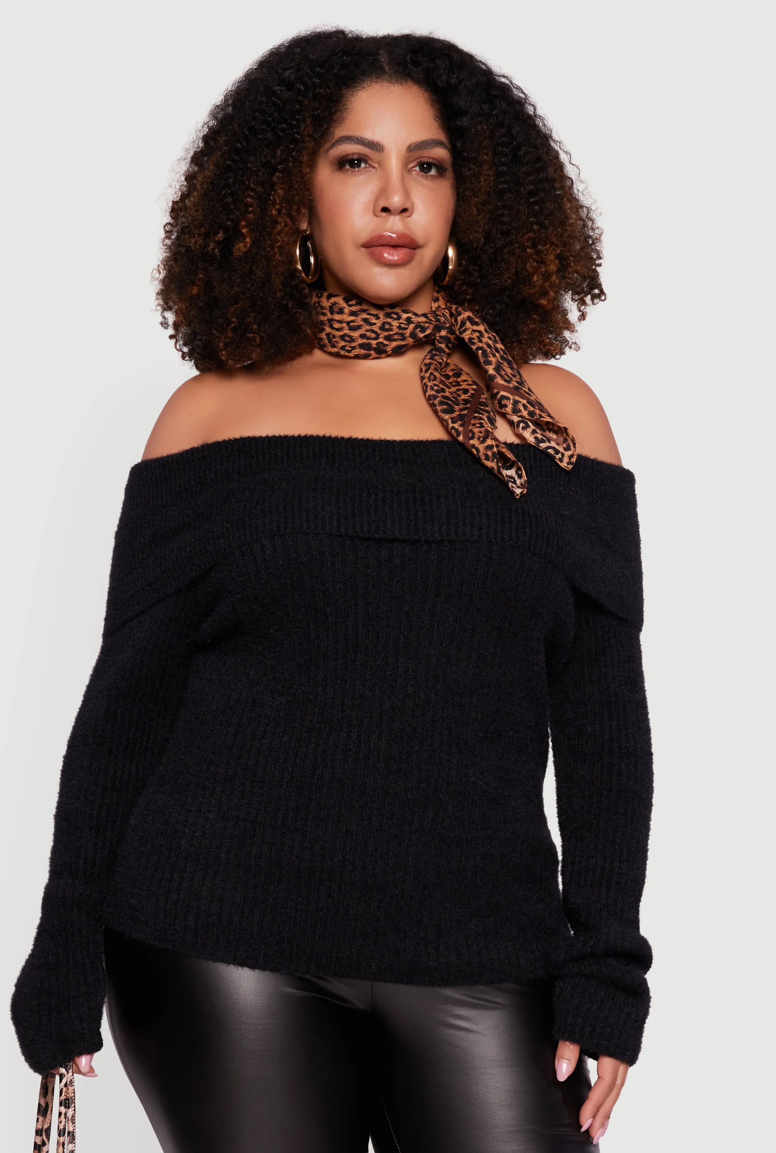 Plus Size Fold Over Off the Shoulder Eyelash Knit Sweater sold by Rainbow product image thumbnail 2