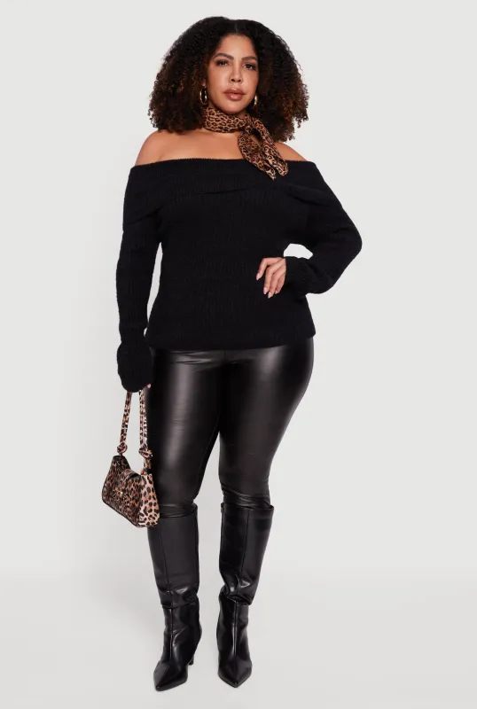 Plus Size Fold Over Off the Shoulder Eyelash Knit Sweater sold by Rainbow