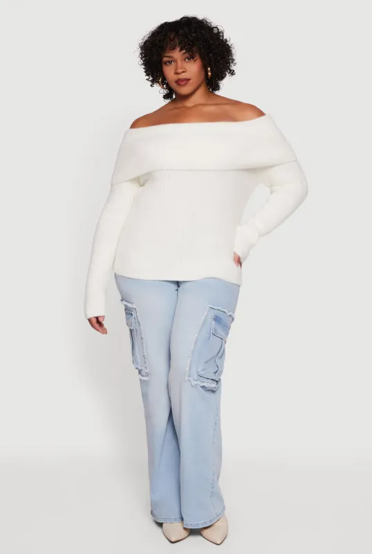 Plus Size Fold Over Off the Shoulder Eyelash Knit Sweater sold by Rainbow