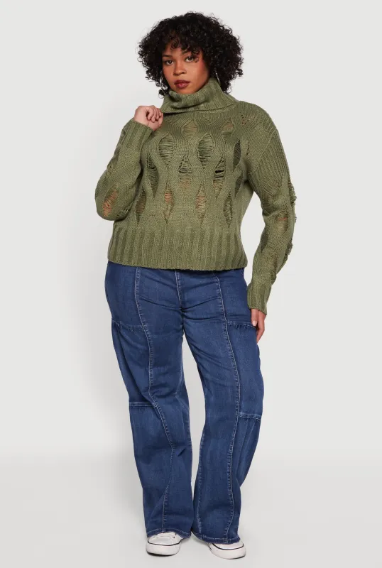 Plus Size Distressed Cable Knit Turtleneck Sweater sold by Rainbow