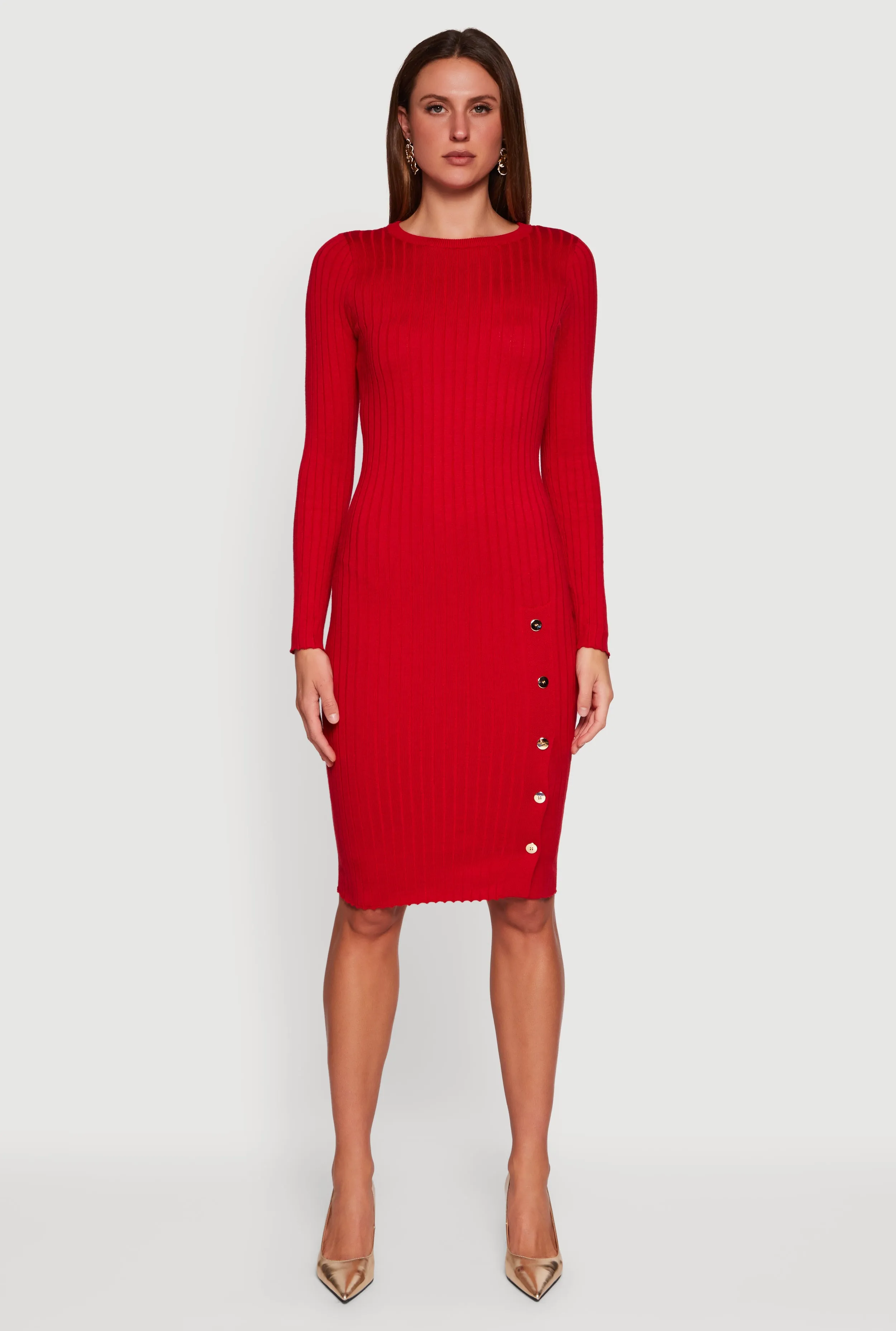 Ribbed Knit Midi Sweater Dress with Side Buttons sold by Rainbow product image thumbnail 2