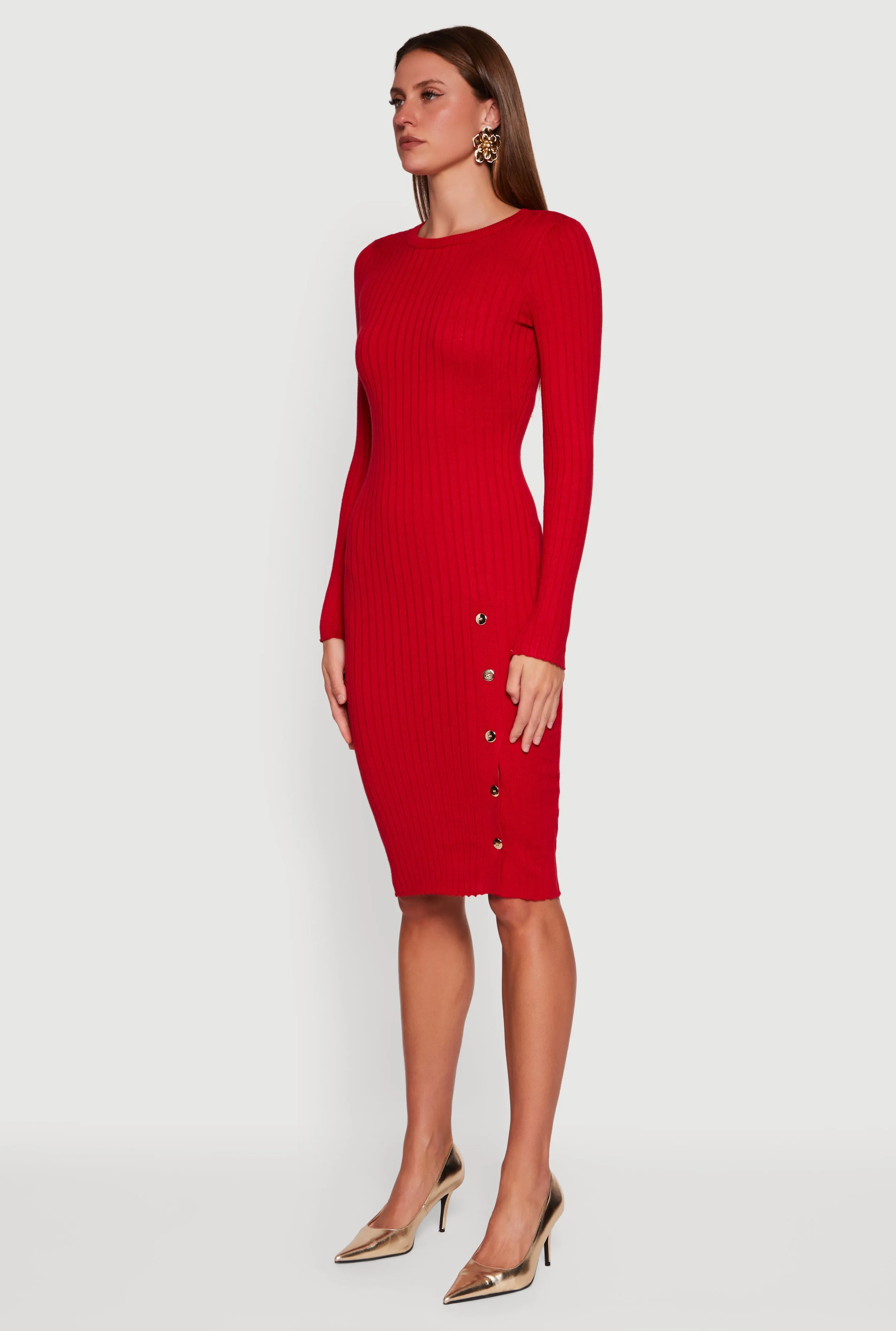 Ribbed Knit Midi Sweater Dress with Side Buttons sold by Rainbow product image thumbnail 3