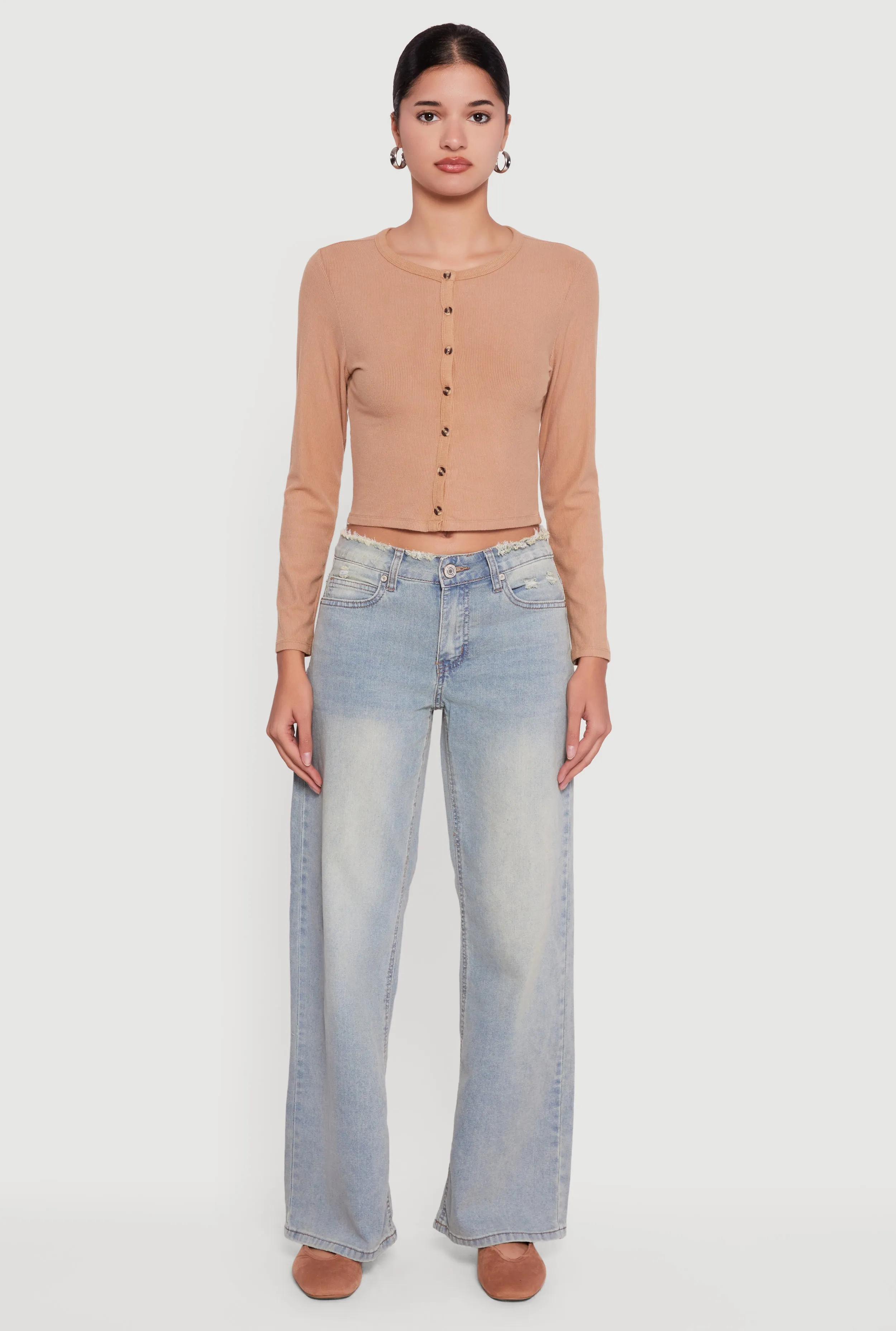 Ribbed Knit Button Front Long Sleeve Crop Top sold by Rainbow product image thumbnail 3