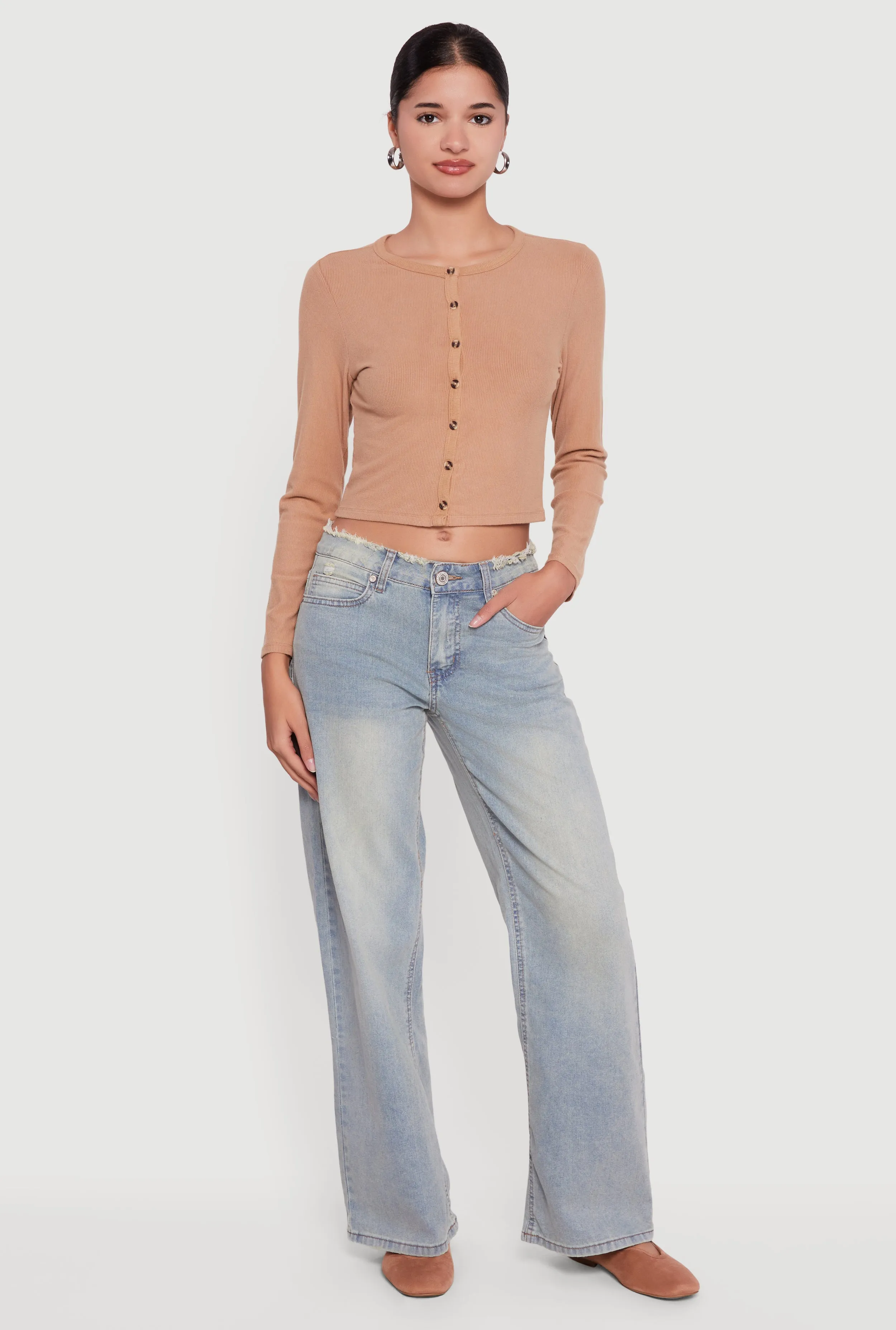 Ribbed Knit Button Front Long Sleeve Crop Top sold by Rainbow