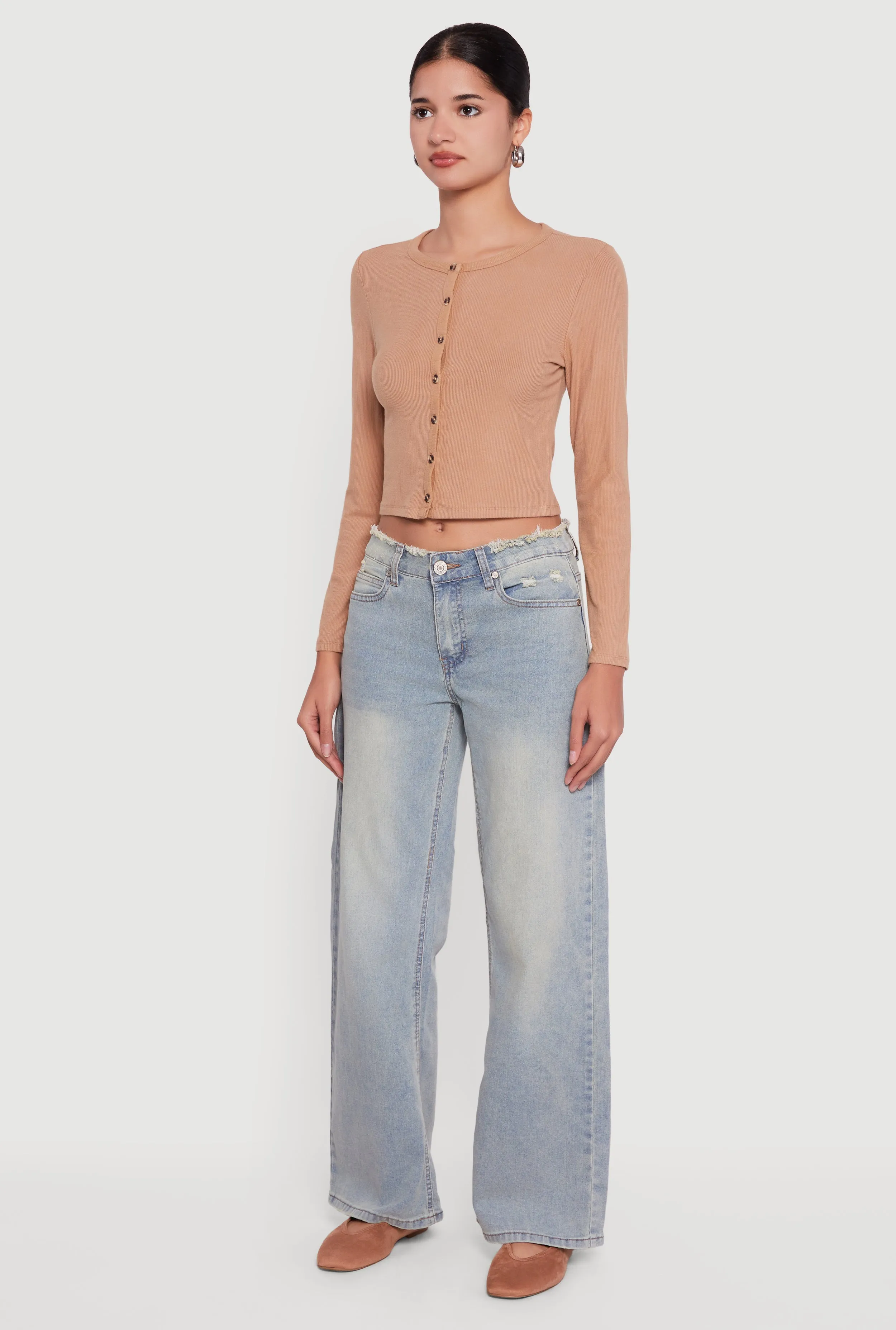 Ribbed Knit Button Front Long Sleeve Crop Top sold by Rainbow product image thumbnail 5