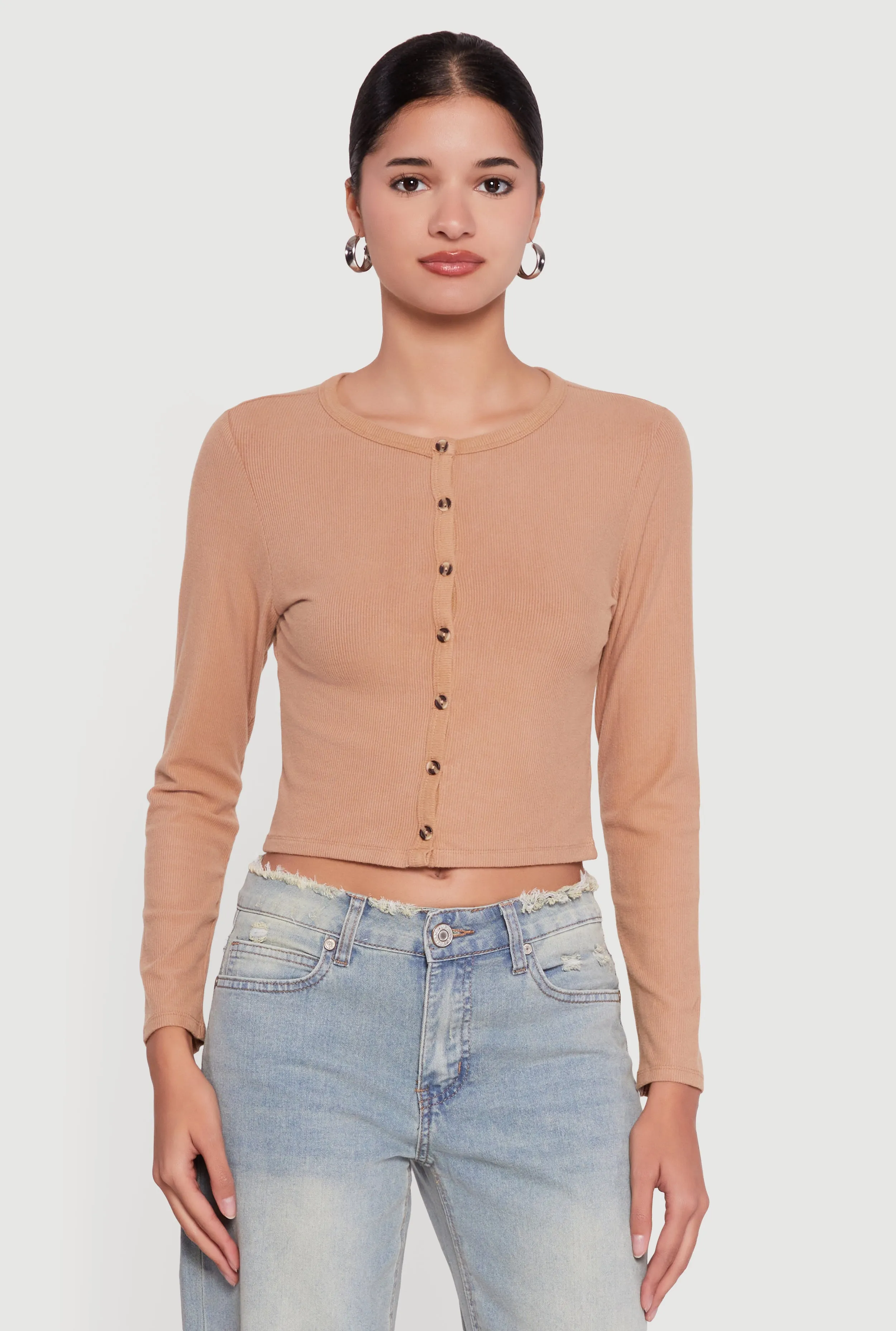 Ribbed Knit Button Front Long Sleeve Crop Top sold by Rainbow product image thumbnail 2