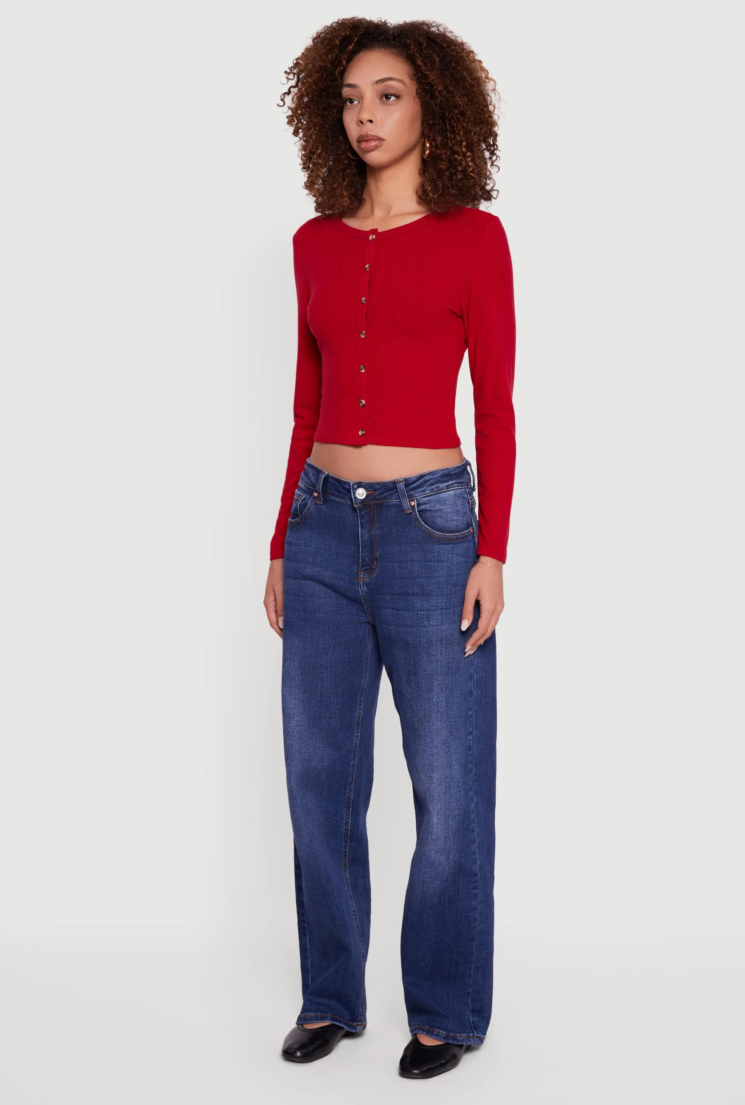 Ribbed Knit Button Front Long Sleeve Crop Top sold by Rainbow product image thumbnail 5