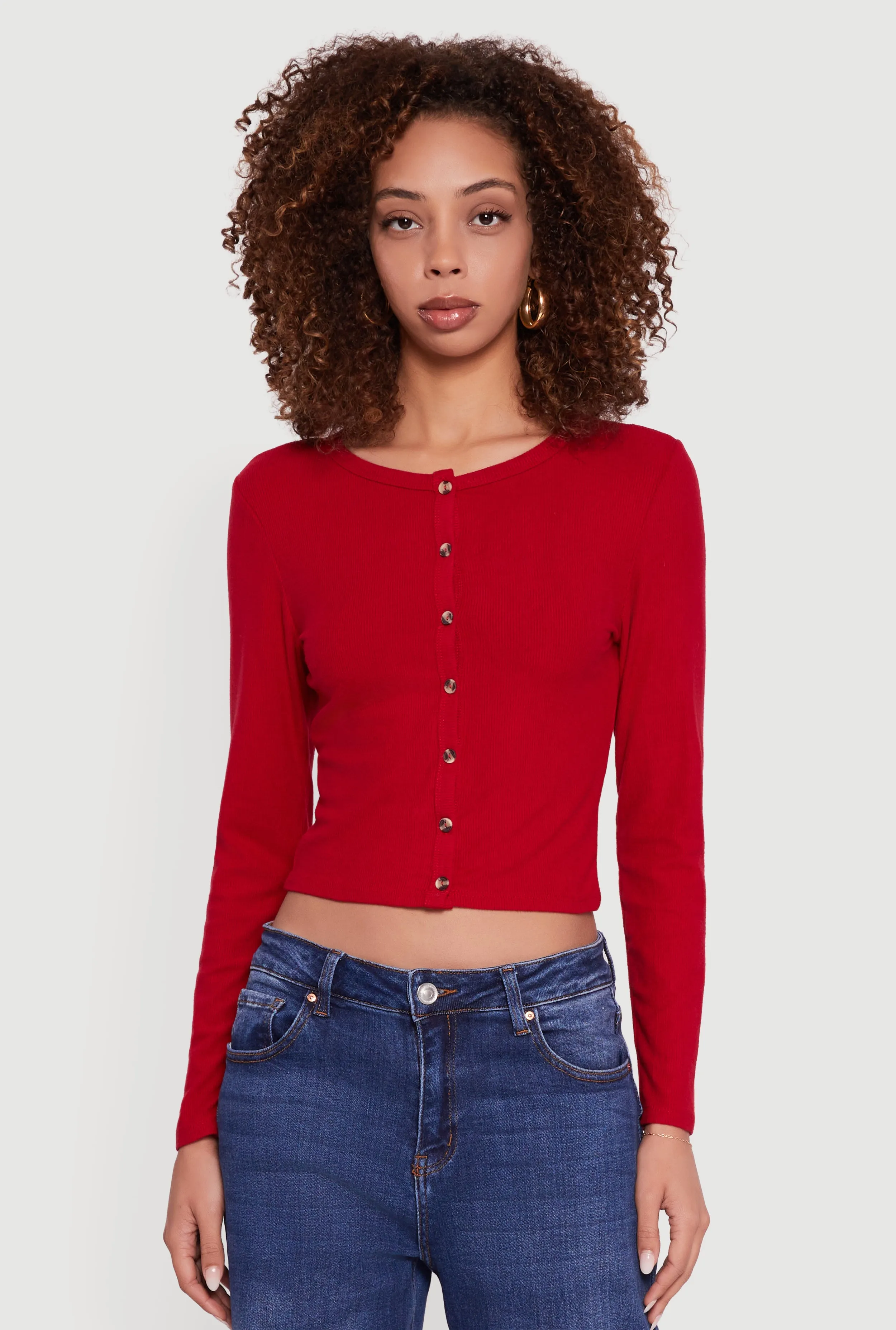 Ribbed Knit Button Front Long Sleeve Crop Top sold by Rainbow product image thumbnail 2