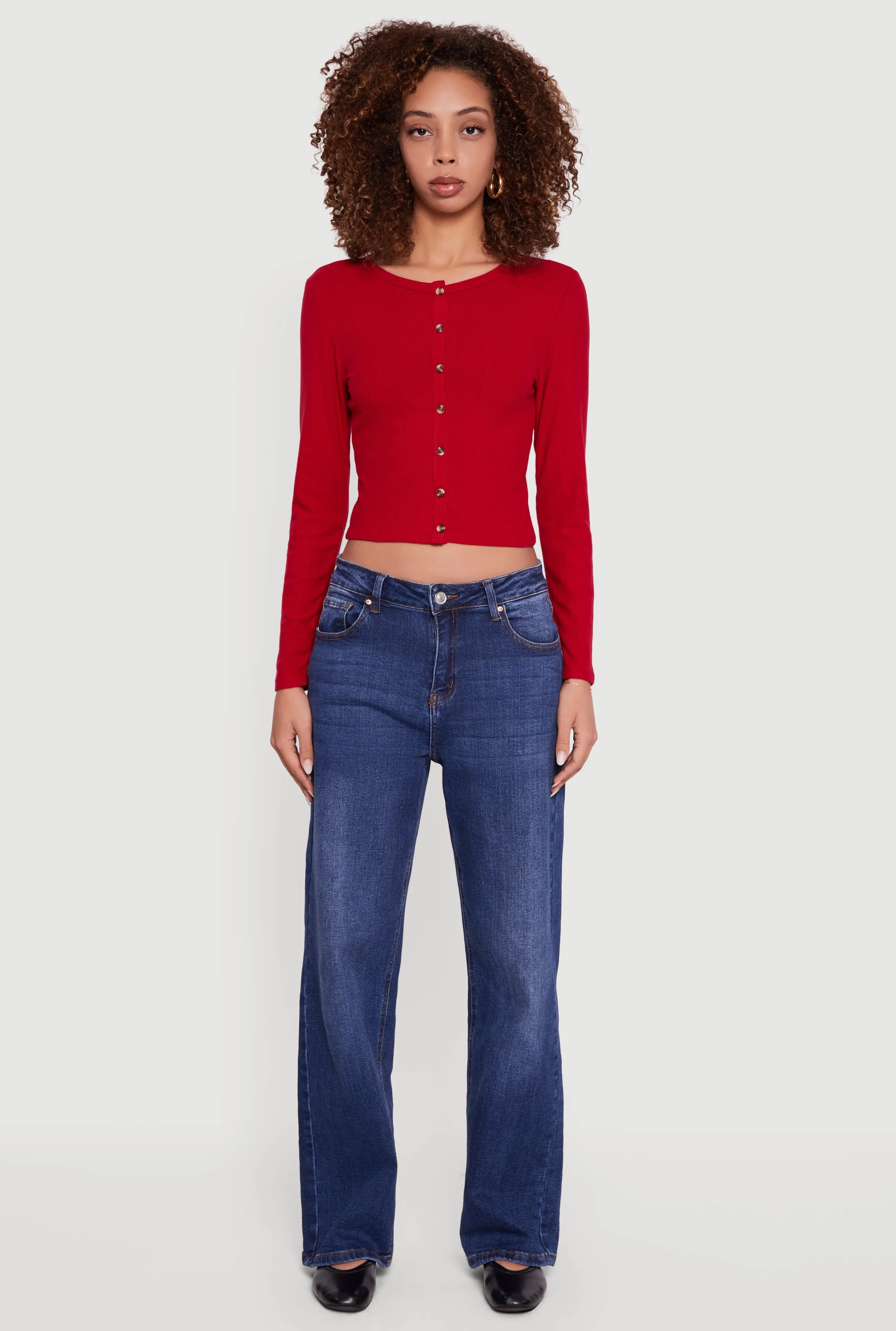 Ribbed Knit Button Front Long Sleeve Crop Top sold by Rainbow product image thumbnail 3