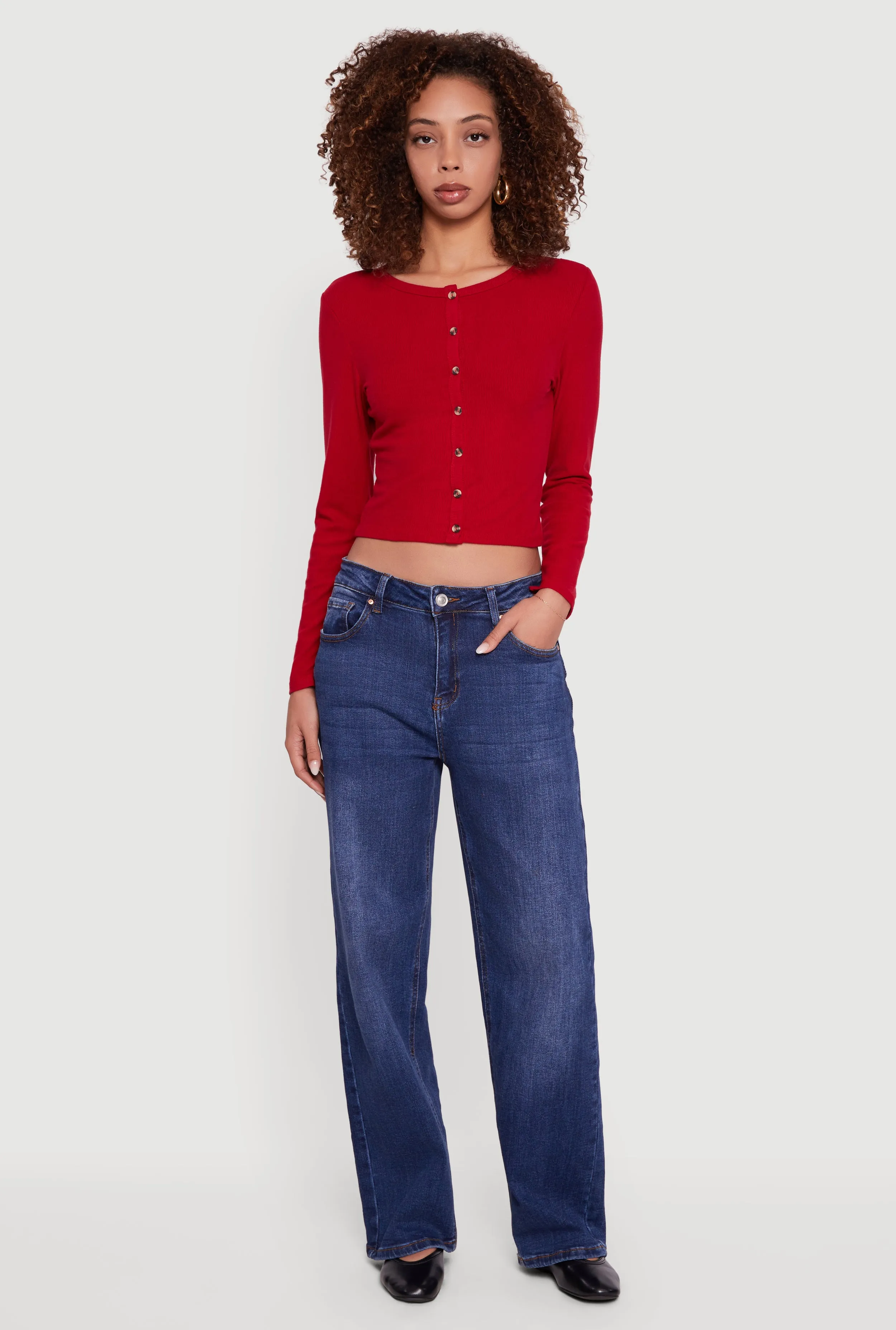 Ribbed Knit Button Front Long Sleeve Crop Top sold by Rainbow