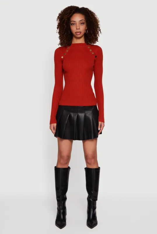 Metallic Button Detail Rib Knit High Neck Sweater sold by Rainbow