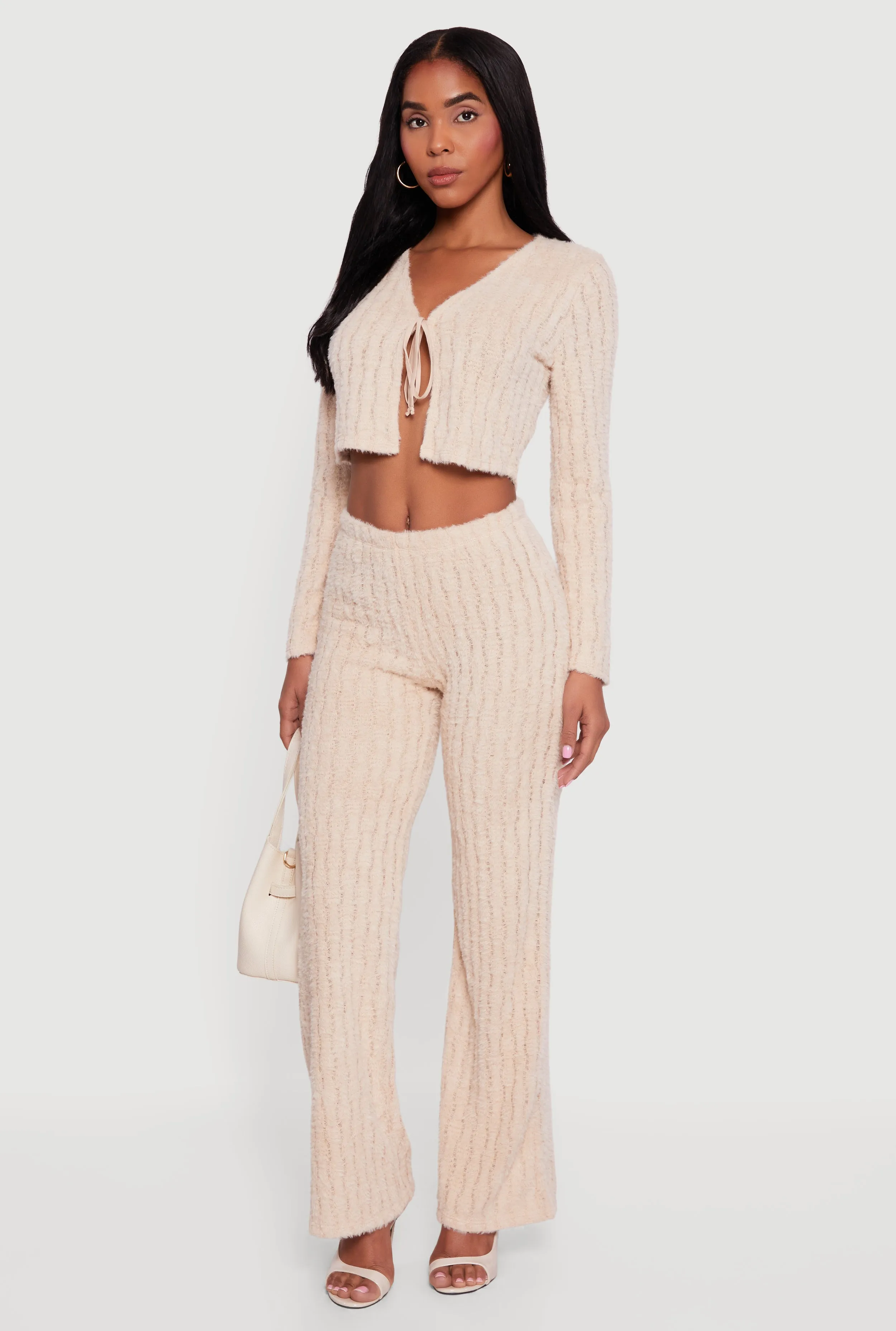 Eyelash Knit Tie Front Long Sleeve Crop Top sold by Rainbow product image thumbnail 2