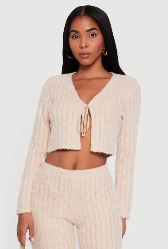 Eyelash Knit Tie Front Long Sleeve Crop Top sold by Rainbow