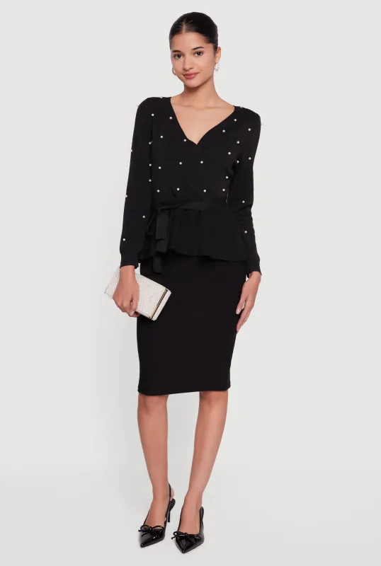 Faux Pearl Faux Wrap Peplum Sweater with Tie Waist Belt sold by Rainbow