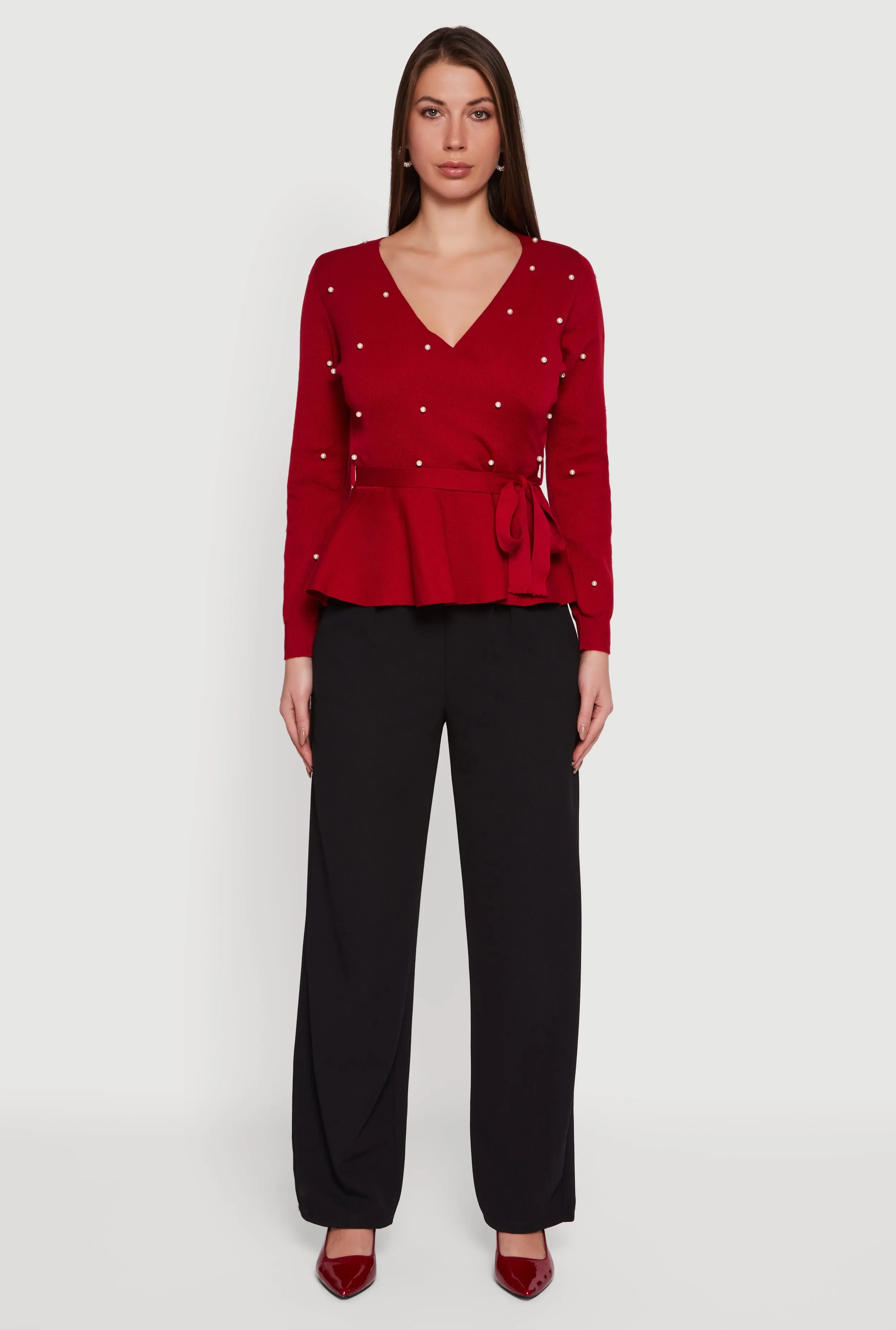 Faux Pearl Faux Wrap Peplum Sweater with Tie Waist Belt sold by Rainbow product image thumbnail 3