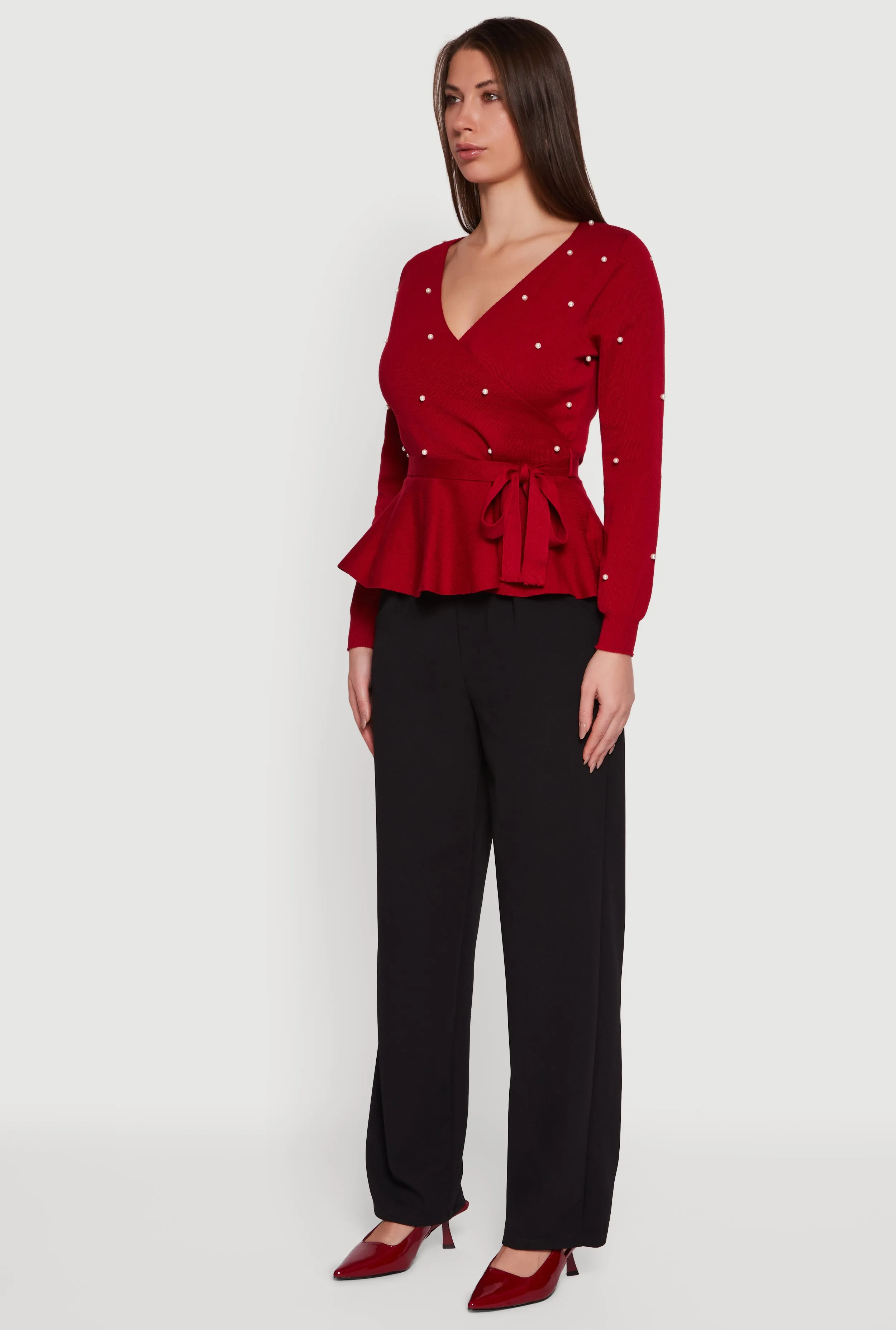 Faux Pearl Faux Wrap Peplum Sweater with Tie Waist Belt sold by Rainbow product image thumbnail 5