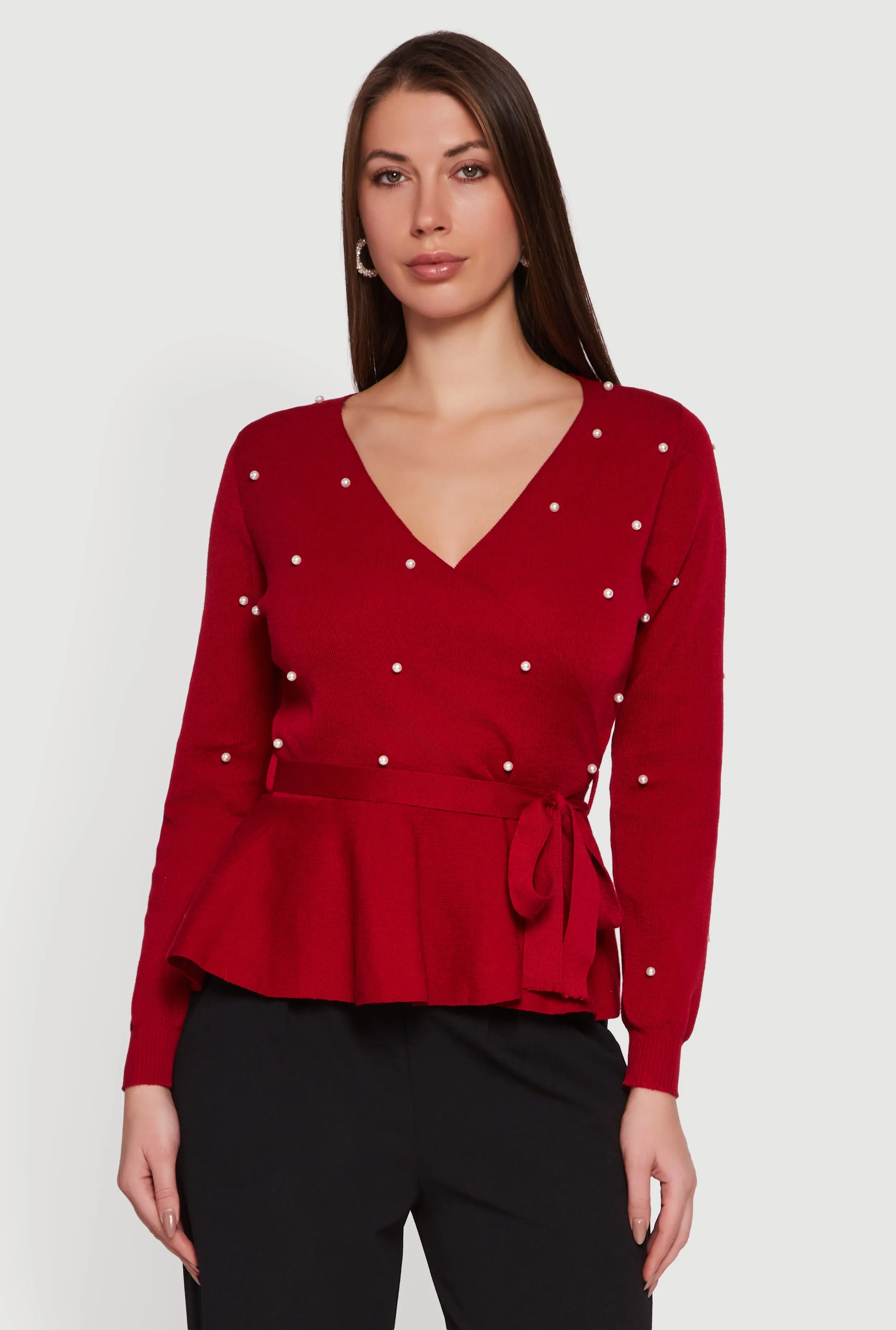 Faux Pearl Faux Wrap Peplum Sweater with Tie Waist Belt sold by Rainbow product image thumbnail 2