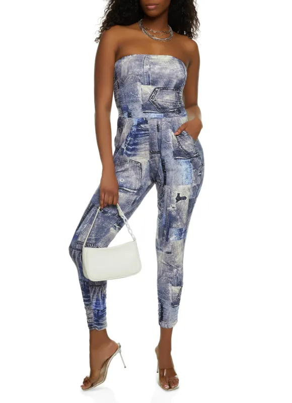 Printed Ruched Strapless Jumpsuit sold by Rainbow