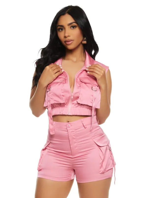 Daisy Satin Cargo Pocket Zip Front Top sold by Rainbow