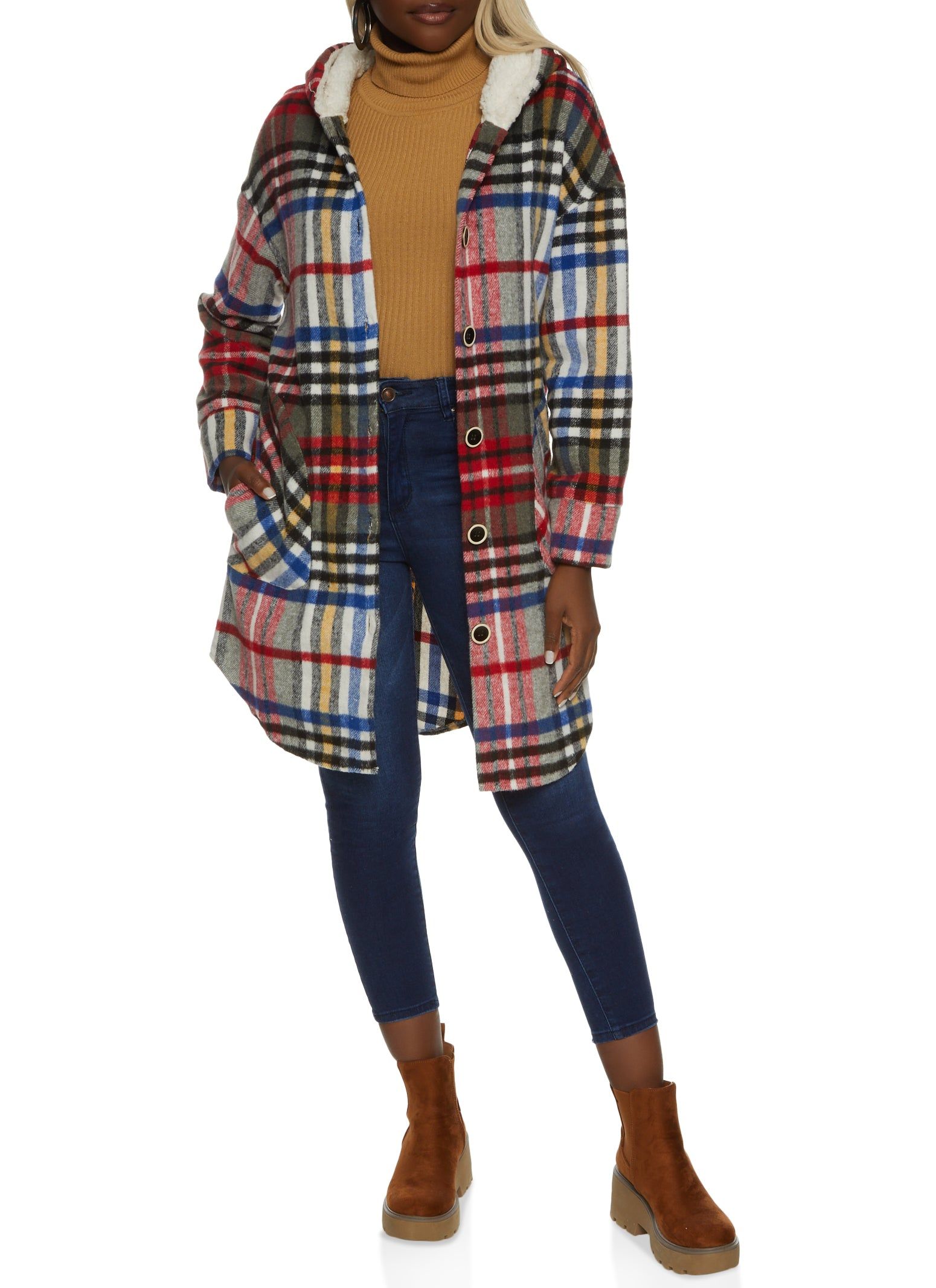 Plaid Sherpa Lined Hooded Shacket sold by Rainbow product image thumbnail 2