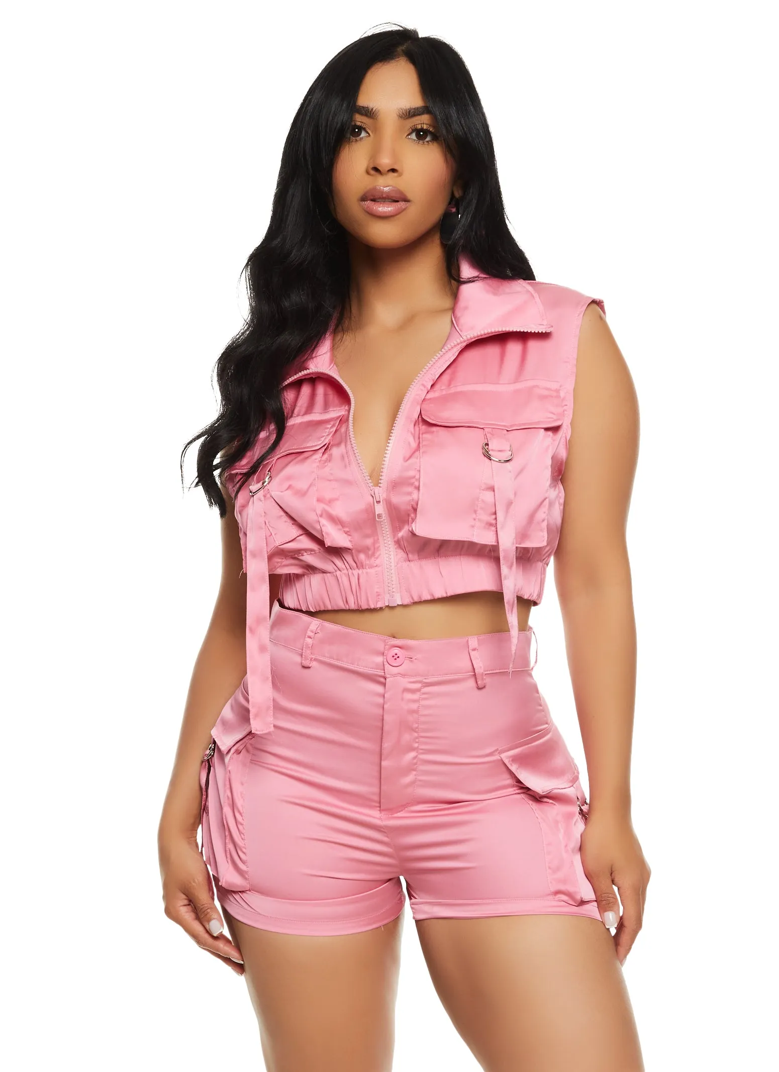 Daisy Satin Cargo Pocket Zip Front Top sold by Rainbow product image thumbnail 2