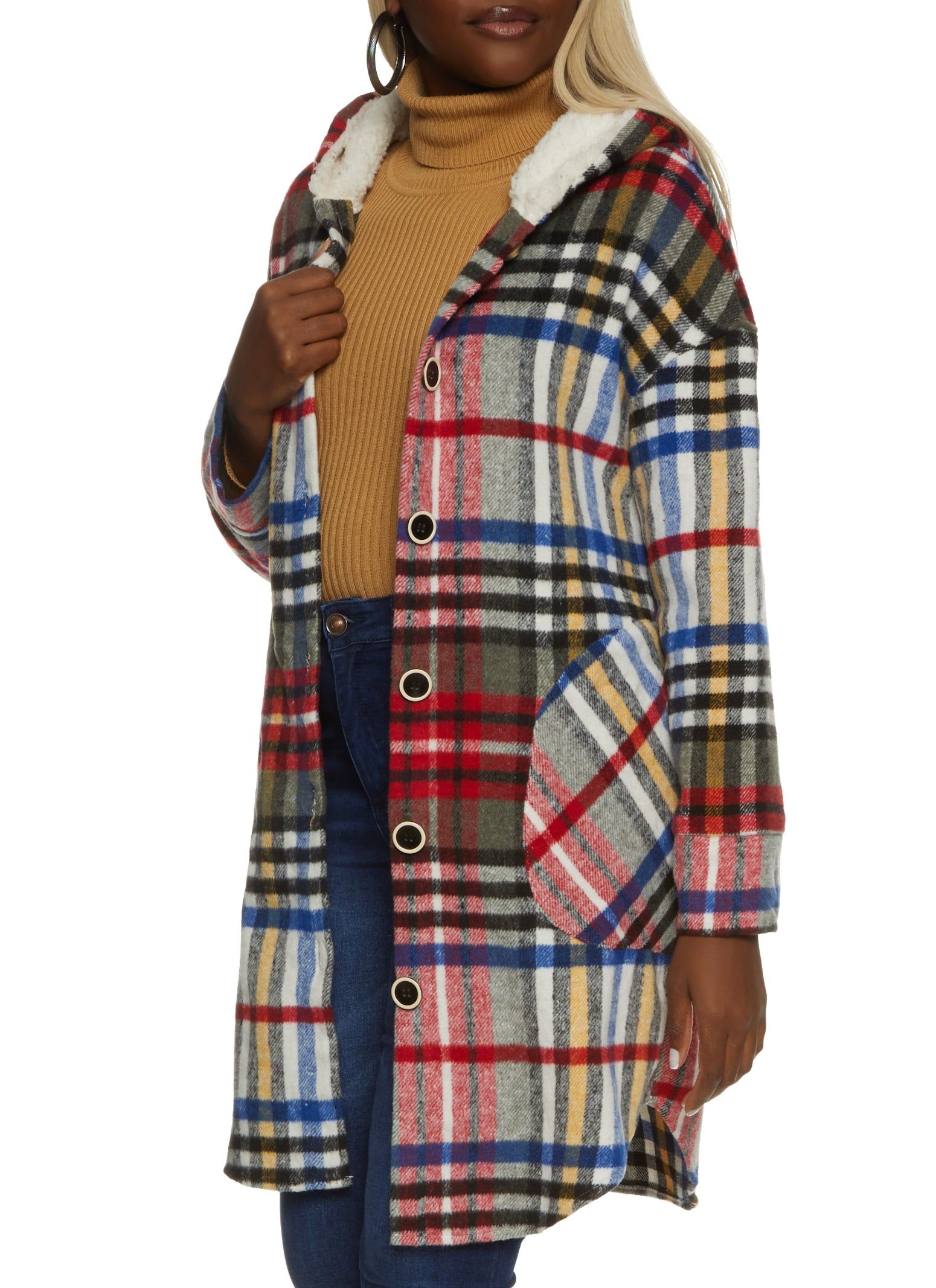 Plaid Sherpa Lined Hooded Shacket sold by Rainbow