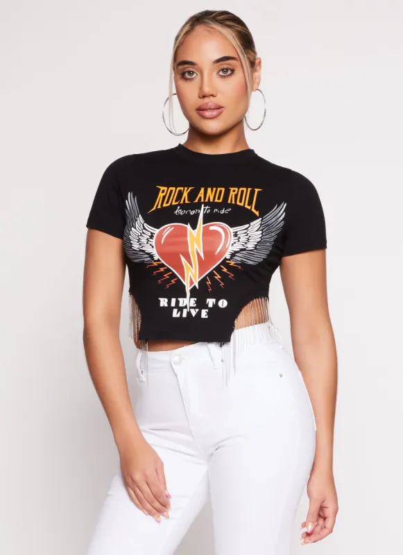 Rock and Roll Fringe Hem Graphic Tee sold by Rainbow