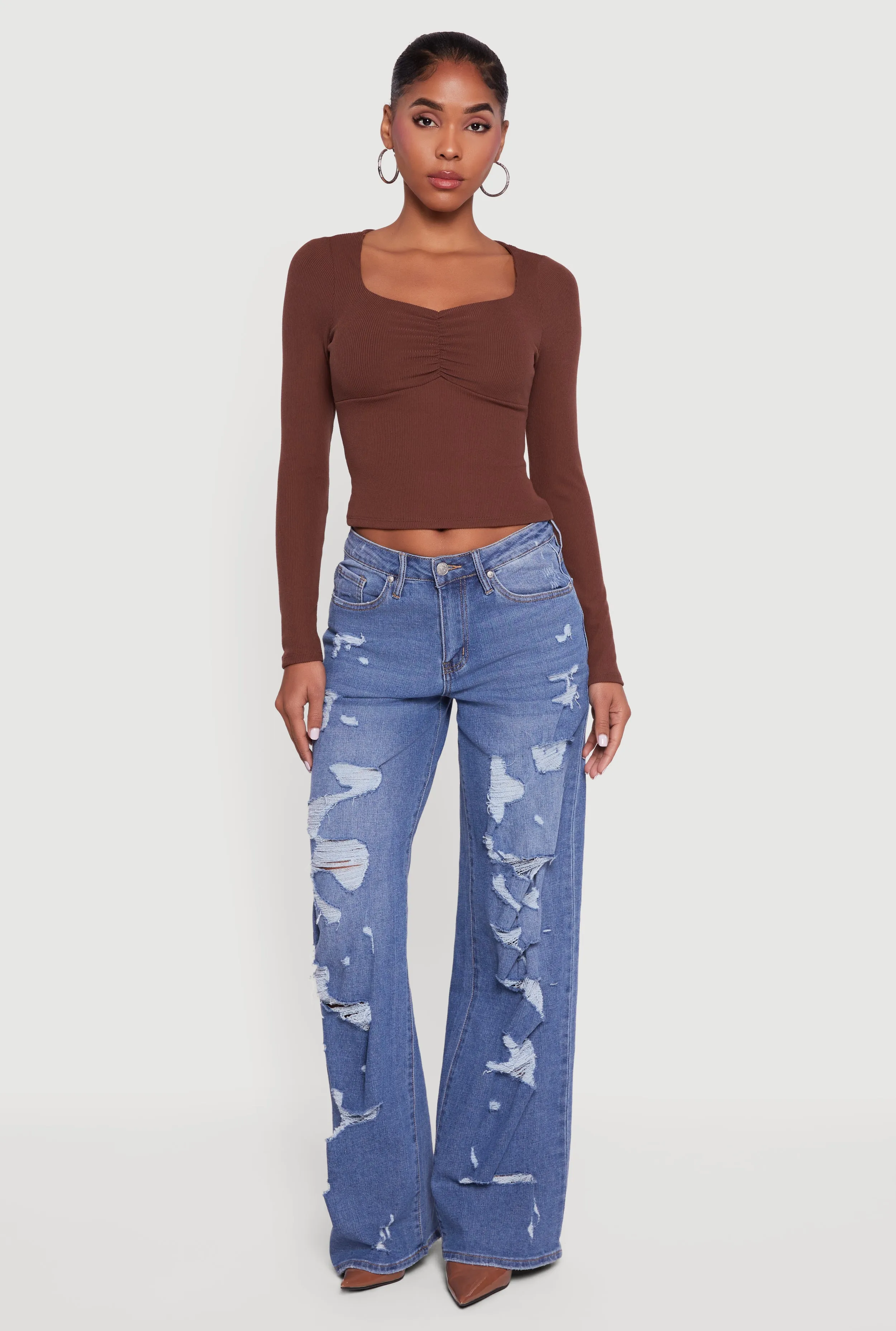 Ruched Front Long Sleeve Sweetheart Crop Top sold by Rainbow product image thumbnail 5