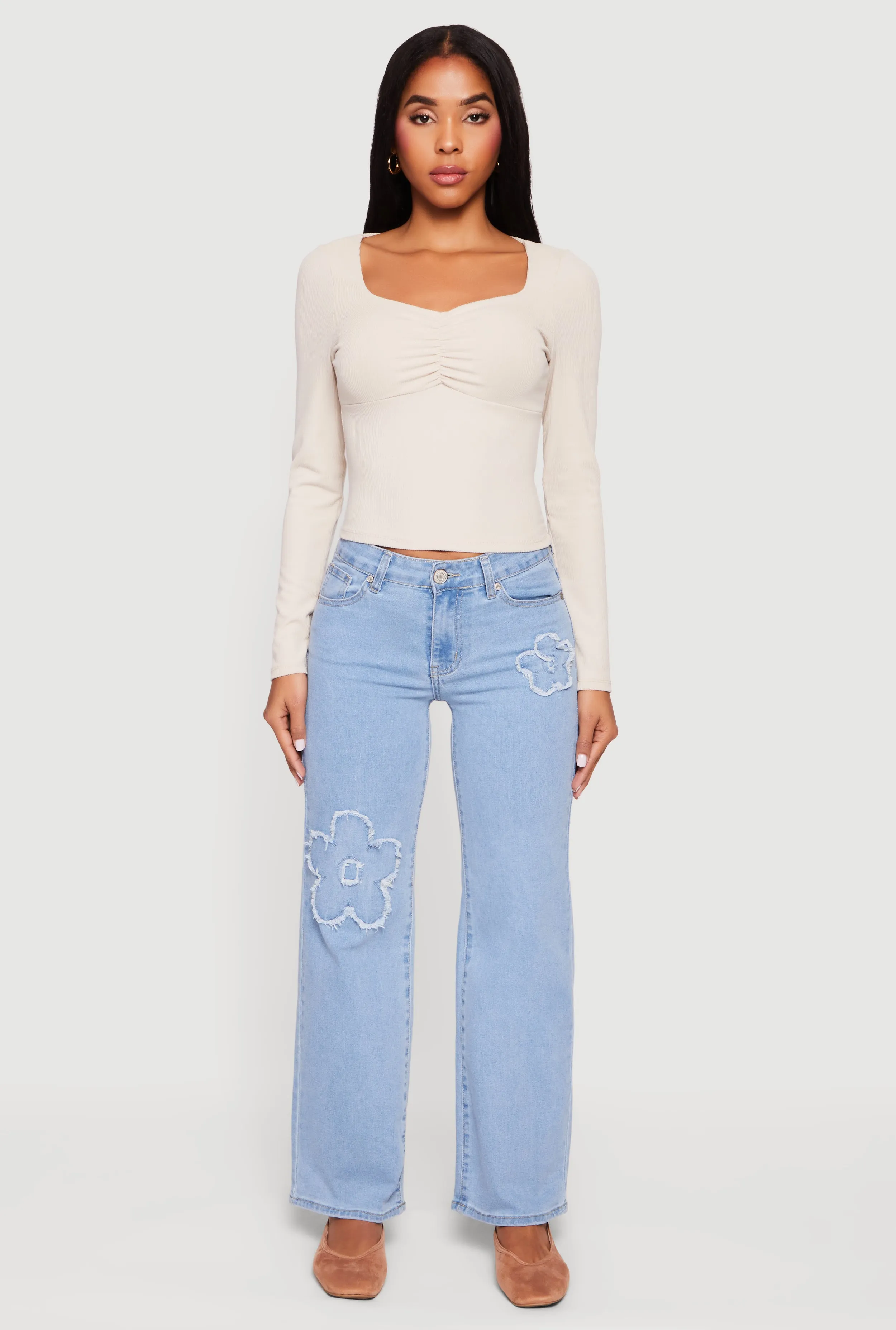 Ruched Front Long Sleeve Sweetheart Crop Top sold by Rainbow